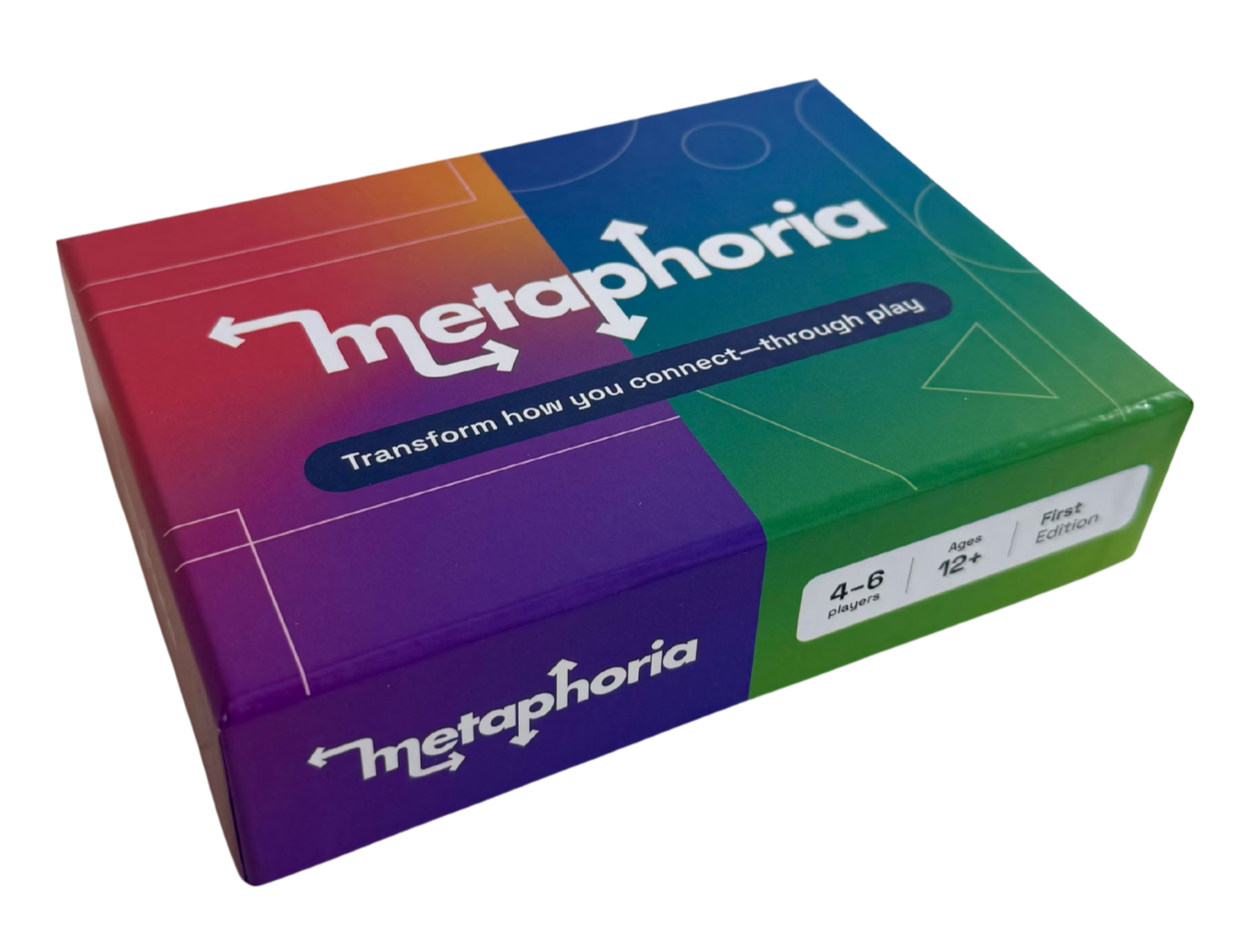 Colorful board game box titled 'Metaphoria' with the subtitle 'Transform how you connect-through play.' Suitable for ages 12 and up, for 4 to 6 players, and is the first edition.