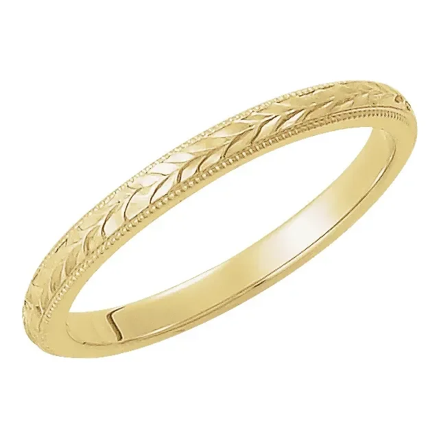 Products  Milgrain Hand-Engraved Wheat Pattern Flat Band 14K Yellow Gold 2 mm Milgrain Hand-Engraved Wheat Pattern Flat Band Size 7