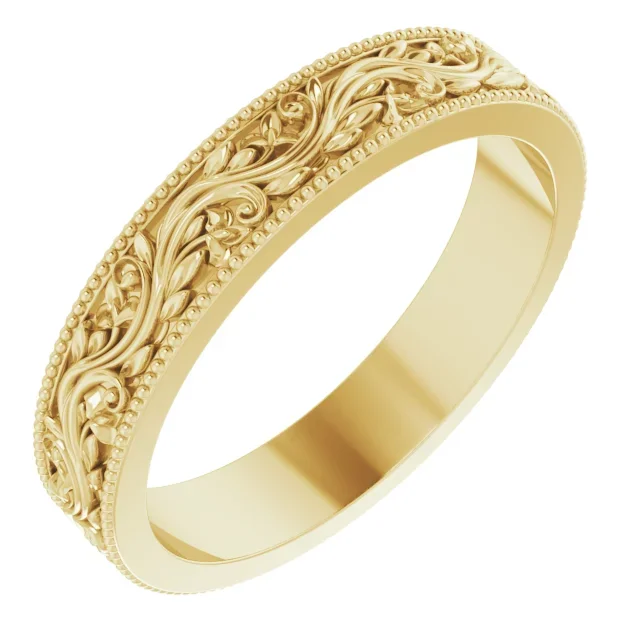 14K Yellow Gold 4 mm Milgrain Edge Floral Flat Band Size 7
