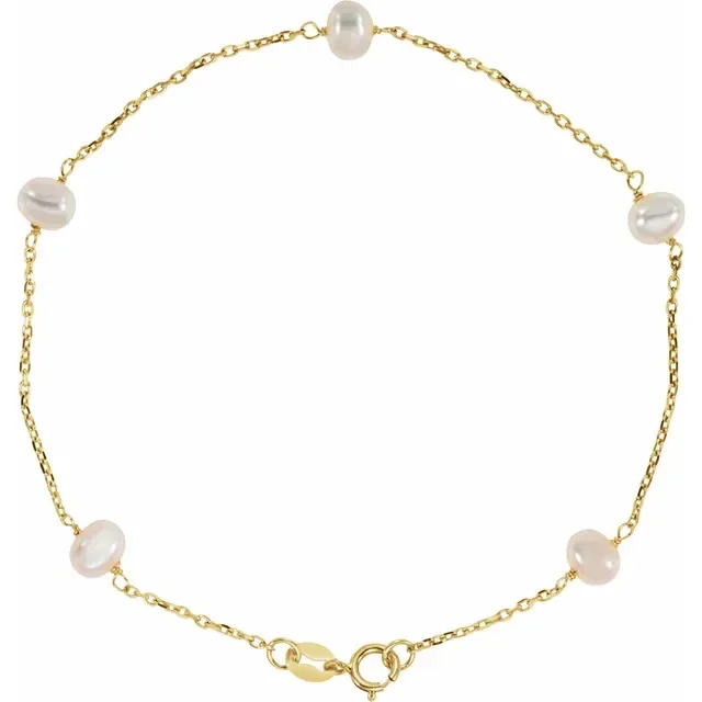 14K Yellow Gold Cultured White Freshwater Pearl 5-Station 7" Bracelet