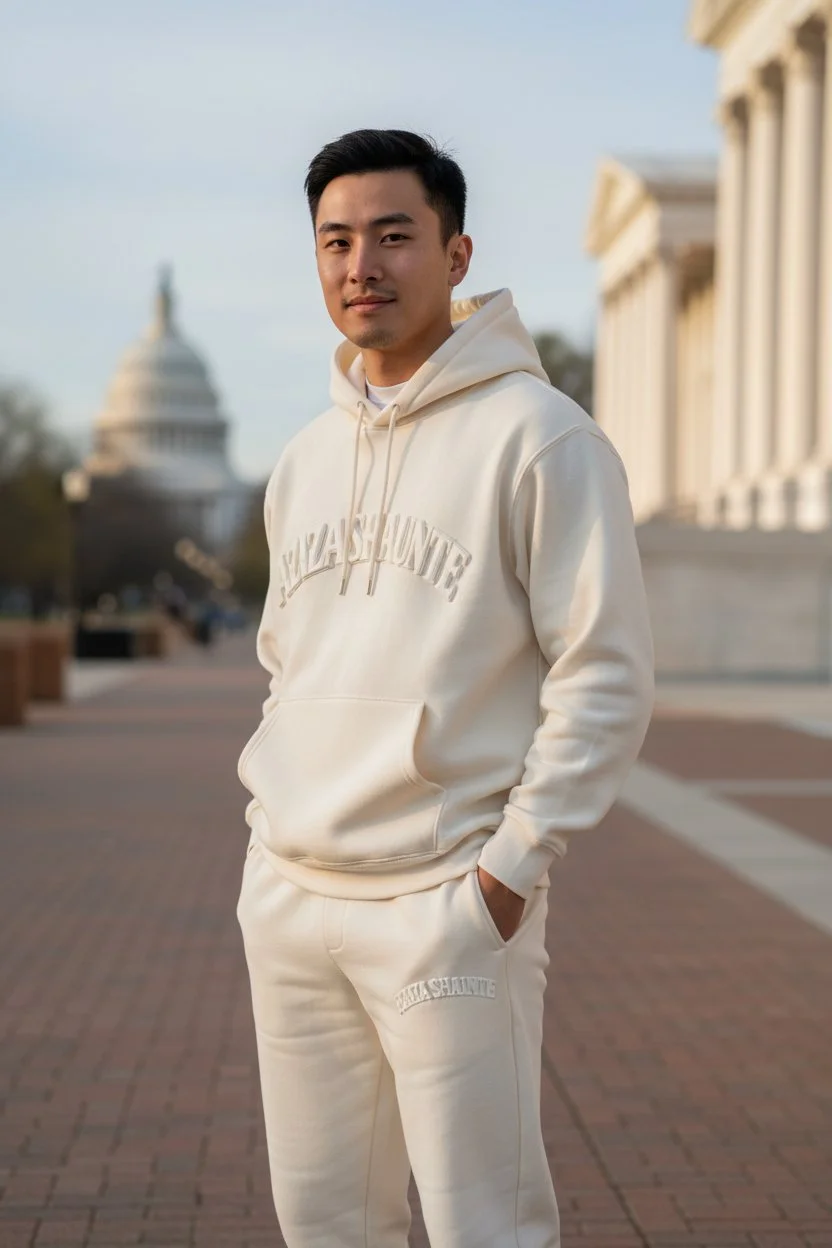 A man standing outdoors on a brick pathway near historic government buildings, wearing a white hoodie and matching pants with 'Washington' written on them, with the Capitol building visible in the background.