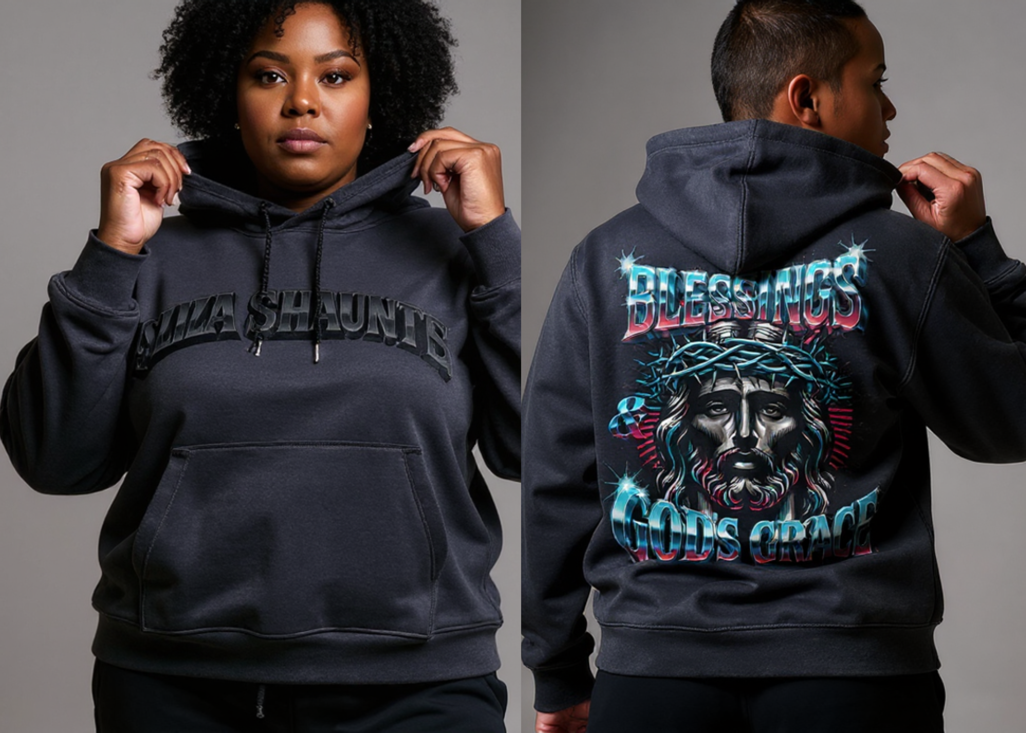 A woman wearing a black hoodie with the words 'NIYA SHAUNTÉ' on the front, and a man wearing a black hoodie with a large colorful graphic of Jesus Christ on the back, with the words 'BLESSINGS GOD'S GRACE.'