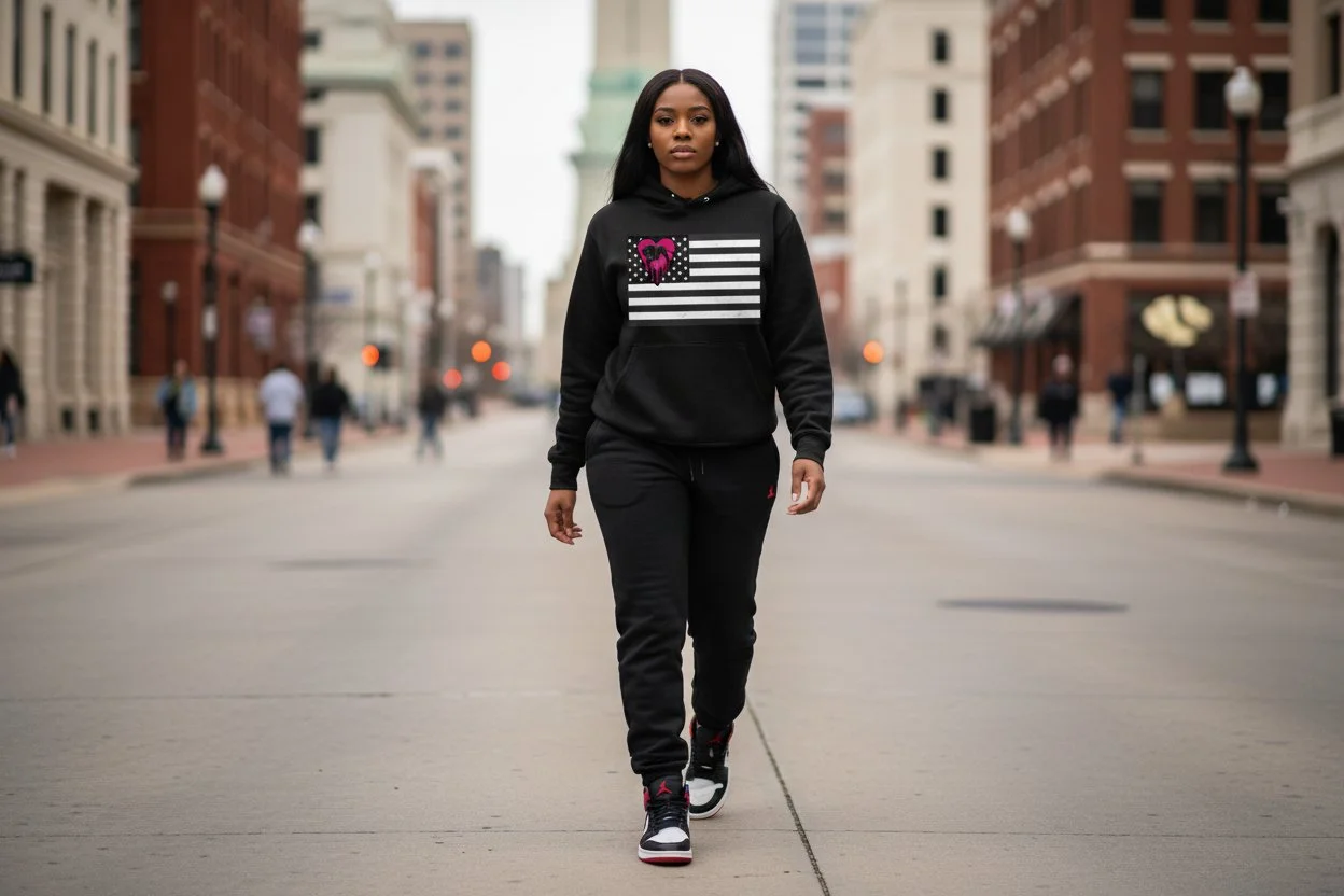 A woman walking down a city street wearing a black hoodie with a pink and white graphic on the front, black pants, and sneakers, with tall buildings on either side.