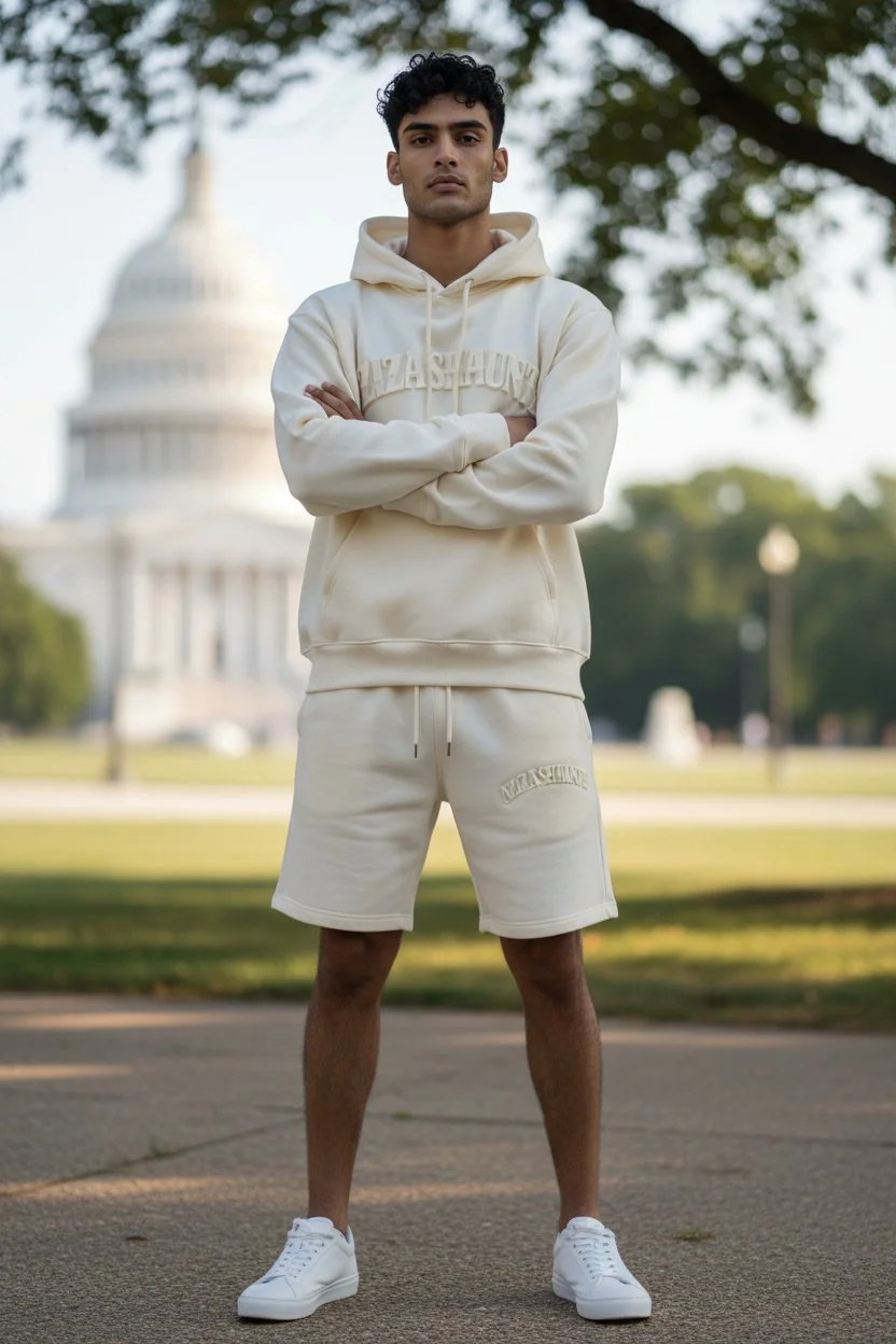 A young man in a cream hoodie and matching shorts standing outdoors on a paved area with the U.S. Capitol building in the background, arms crossed, with trees and a clear sky.