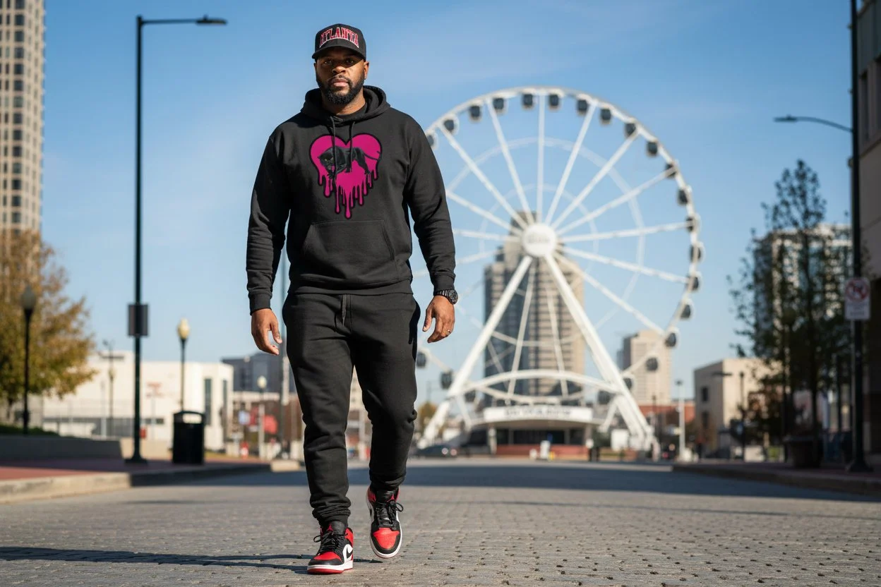 A man walking on an empty city street with a Ferris wheel in the background.