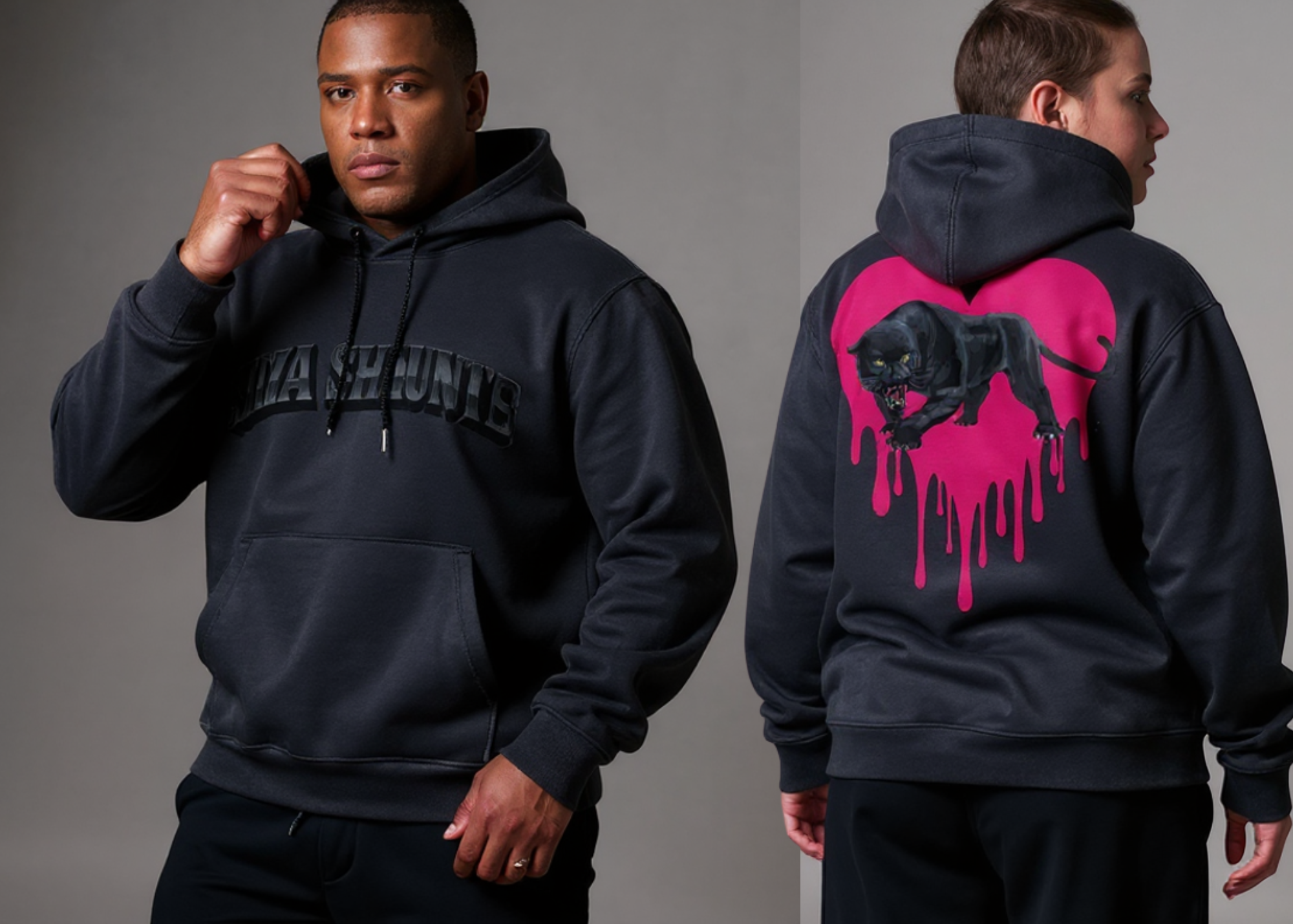 A man wearing a black hoodie with a large black panther graphic on the back, which is emerging from a pink graffiti-like heart, standing against a gray background.