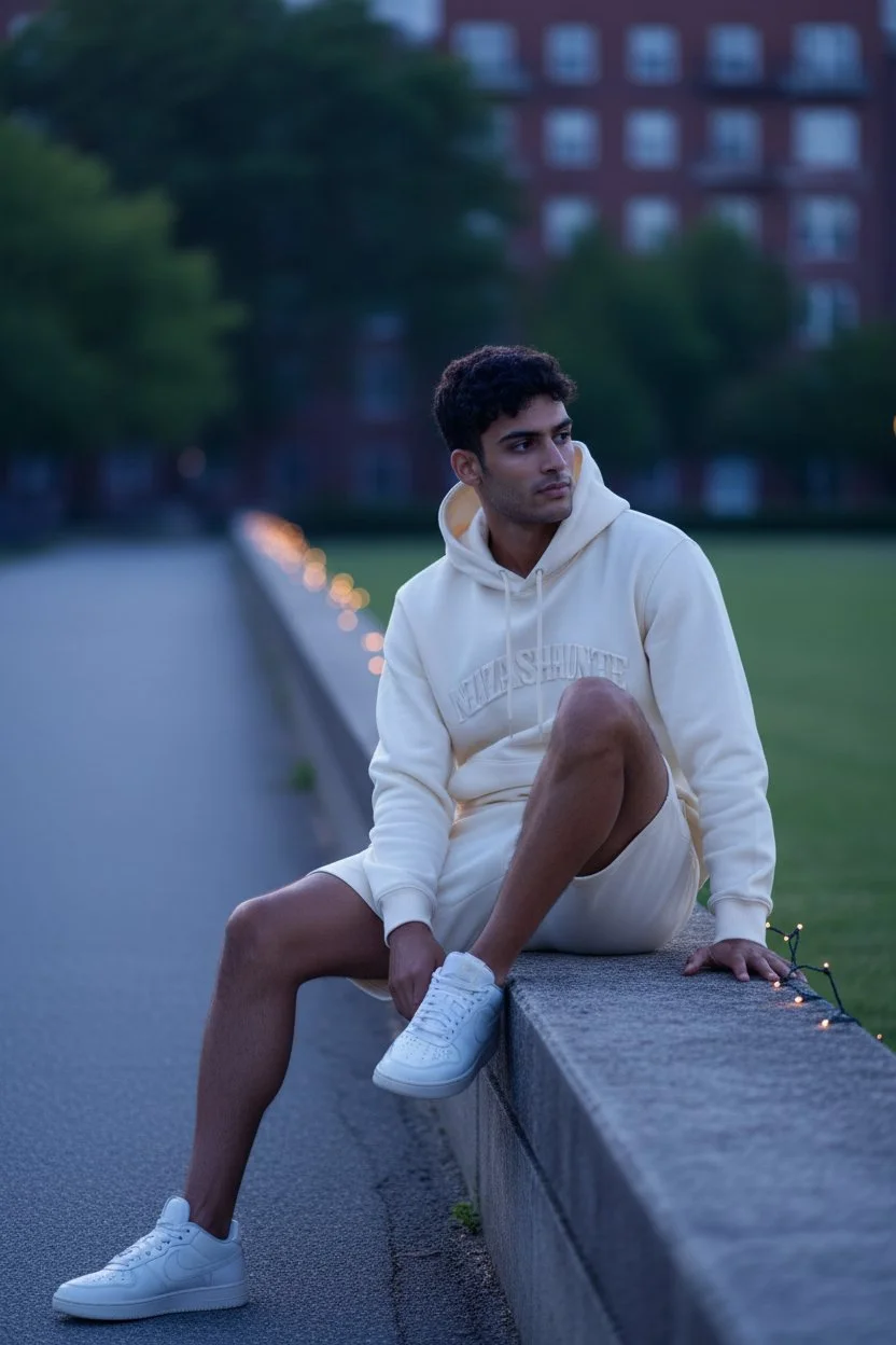 A young man sitting on a concrete ledge outdoors, wearing a cream-colored hoodie, white shorts, and white sneakers, with a park and residential buildings in the background during dusk.