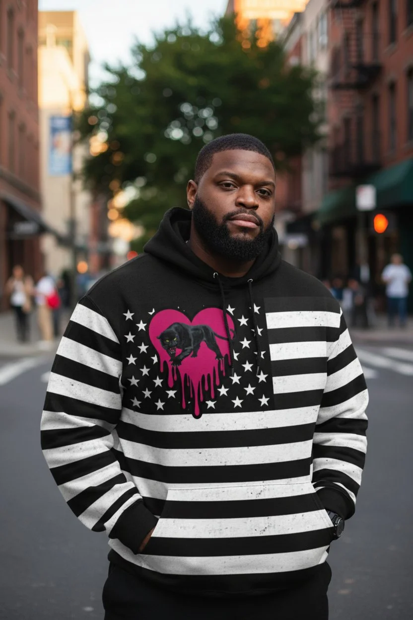 A man in a black and white striped hoodie with a graphic of a black panther over a pink heart on the chest, standing outdoors on a city street with blurred buildings and people in the background.