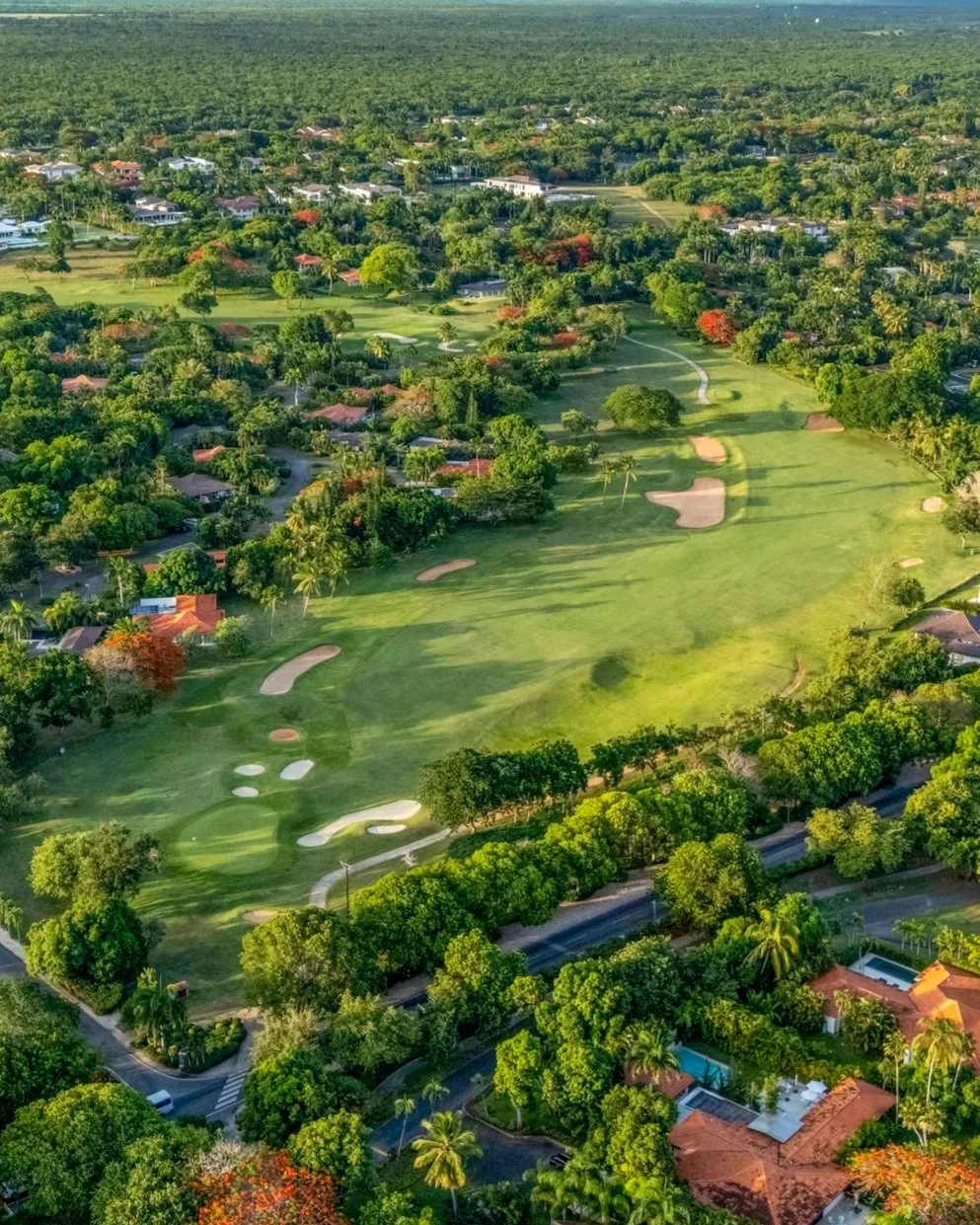 Aerial view of a lush golf course surrounded by residential houses and dense green trees.