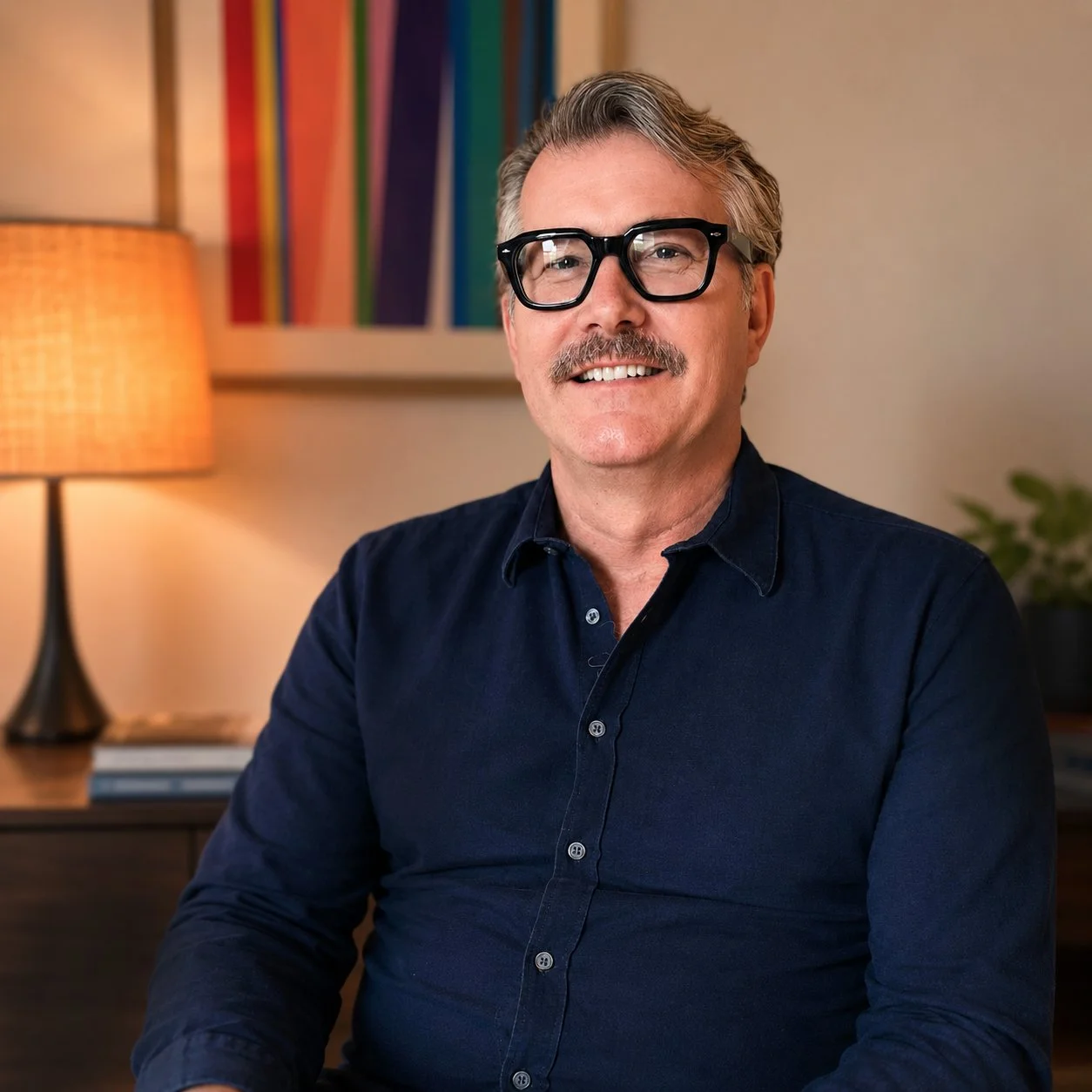 A middle-aged man with gray hair, glasses, and a mustache smiling, wearing a navy blue shirt, sitting in a warmly lit room with a lamp, colorful artwork, and a plant in the background.