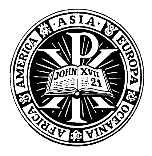 A circular emblem featuring an open Bible with the text 'JOHN XVI 24' inside, radiating lines around the Bible, and the words 'ASIA, EUROPA, AFRICA, AMERICAS, & AUSTRALIA' around the border.