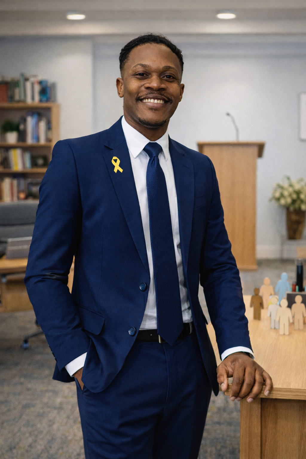 Smiling man in a blue suit with a yellow ribbon pin, standing in an office or conference room, with a bookshelf, podium, and wooden figures on a table in the background.