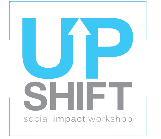 Logo with large blue 'UP' and a white upward arrow, gray 'SHIFT', and smaller text 'social impact workshop' at the bottom.