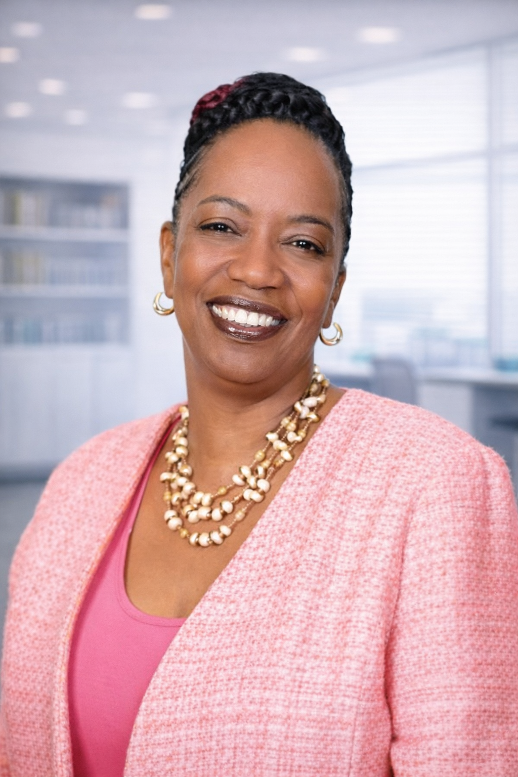 A professional Black woman smiling in an office setting, wearing a pink blazer, pink top, and pearl jewelry.