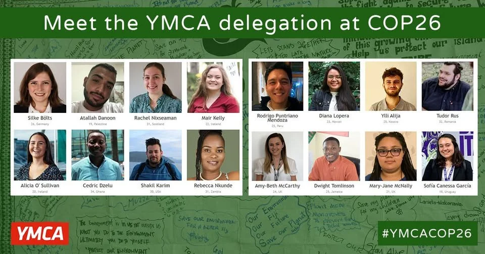 Group photo of YMCA delegation members at COP26, with ten individuals smiling and posing for the camera, headed by a banner reading 'Meet the YMCA delegation at COP26'.