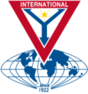 Logo of the International Club, featuring a red, white, and blue triangular shield with a star, a globe, and the year 1922.