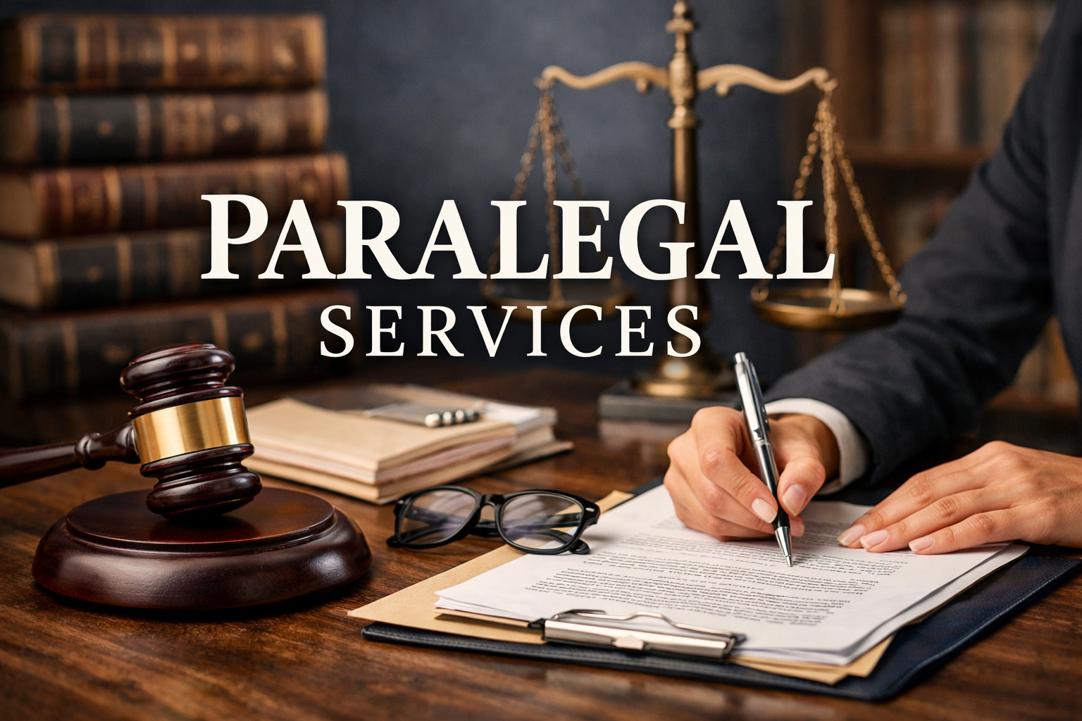 Legal office with a gavel, legal documents, glasses, and a golden balance scale in the background, with the text 'Paralegal Services' overlaid.