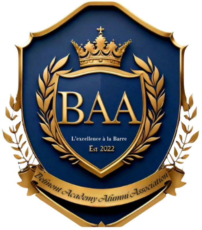 A crest with a blue background, featuring a gold crown at the top, a gold laurel wreath, and the initials 'BAA' in gold. Below the initials, it says 'L'excellence à la Barre' and 'Est 2022'. A gold ribbon at the bottom reads 'Bélmont Academy Alumni Association'.