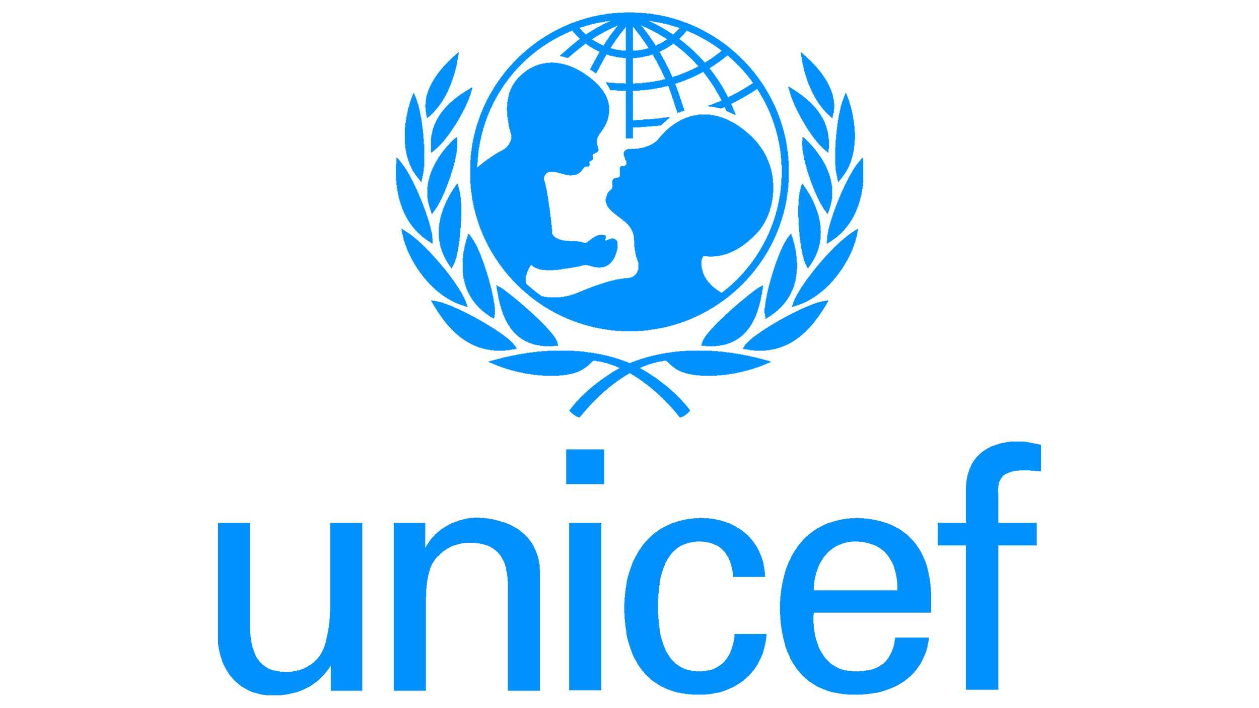 UNICEF logo featuring a blue globe with two children facing each other and a laurel wreath, with the word UNICEF beneath in blue letters.