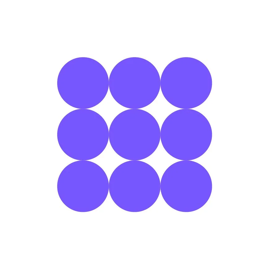 Nine purple circles arranged in a 3x3 grid on a white background.