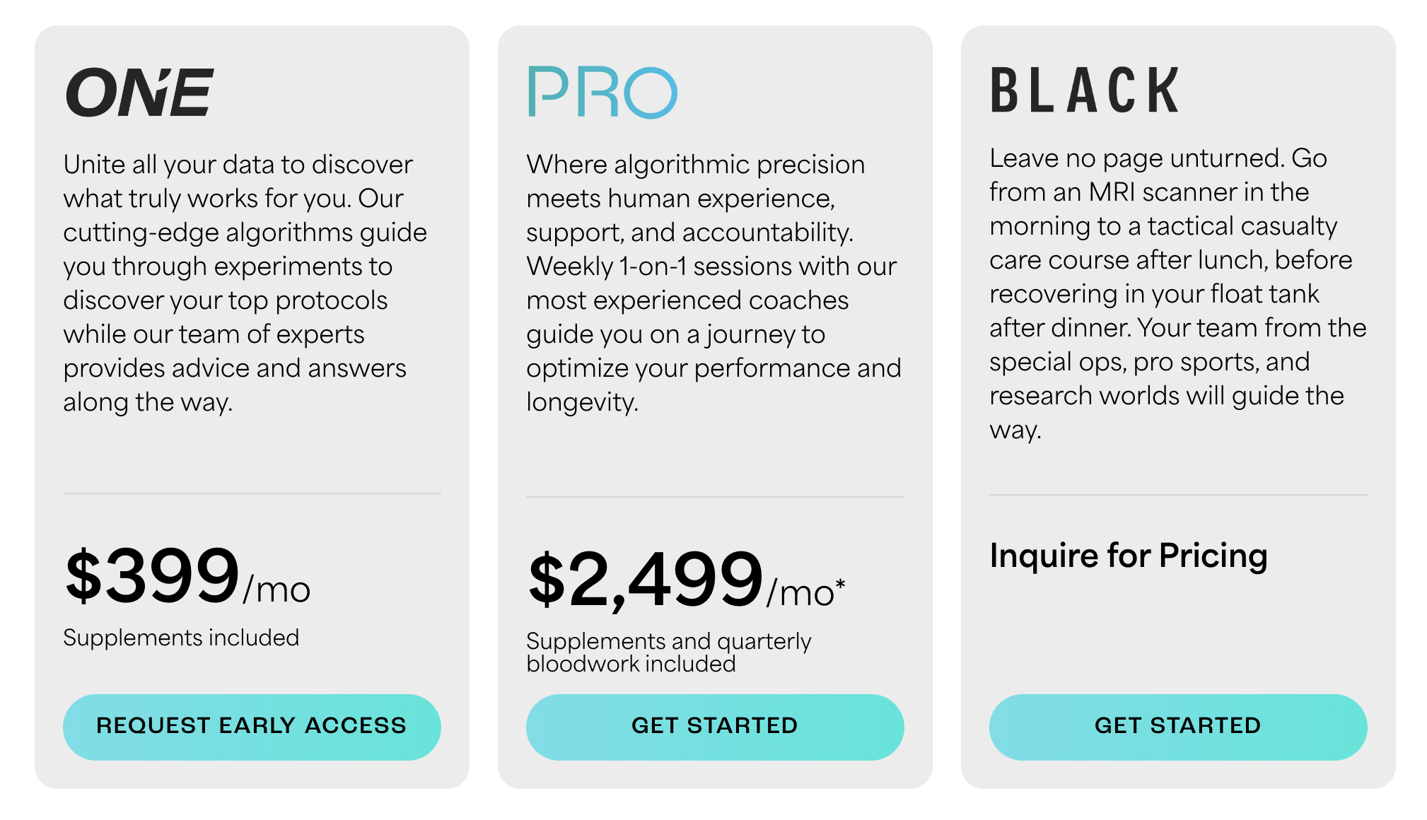 Three subscription plans: ONE, PRO, and BLACK, with descriptions of features and pricing. ONE plan costs $399 per month, PRO costs $2,499 per month, and BLACK plan's price requires inquiry. Each plan has a call-to-action button: REQUEST EARLY ACCESS, GET STARTED, and GET STARTED.