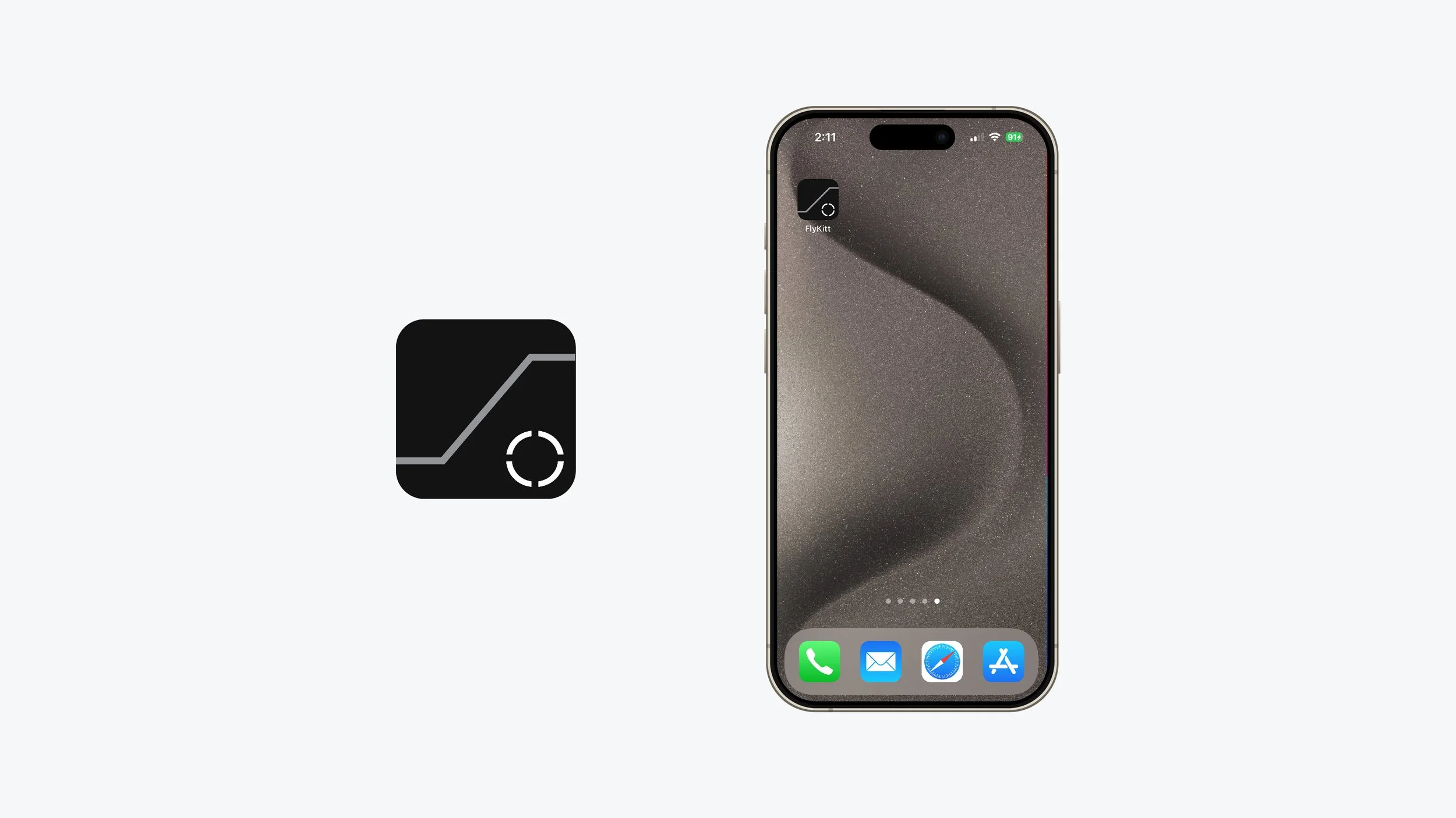 iPhone with a black app icon labeled FlyKitt on its home screen, showing a graph with a circular target icon in the bottom right corner of the icon.