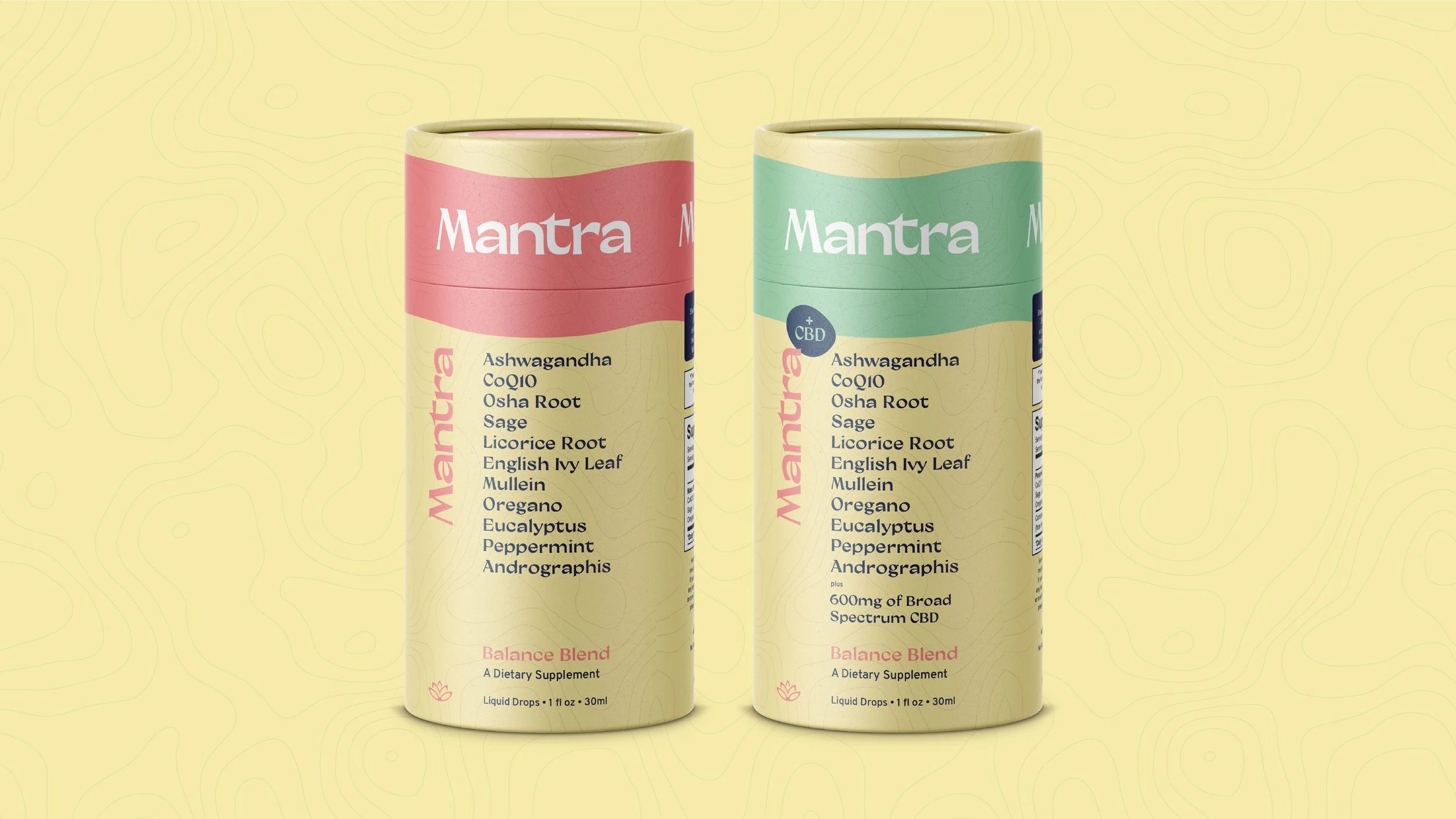 Two cylindrical containers of Mantra herbal supplement, one with a pink label and one with a green label, on a yellow background.