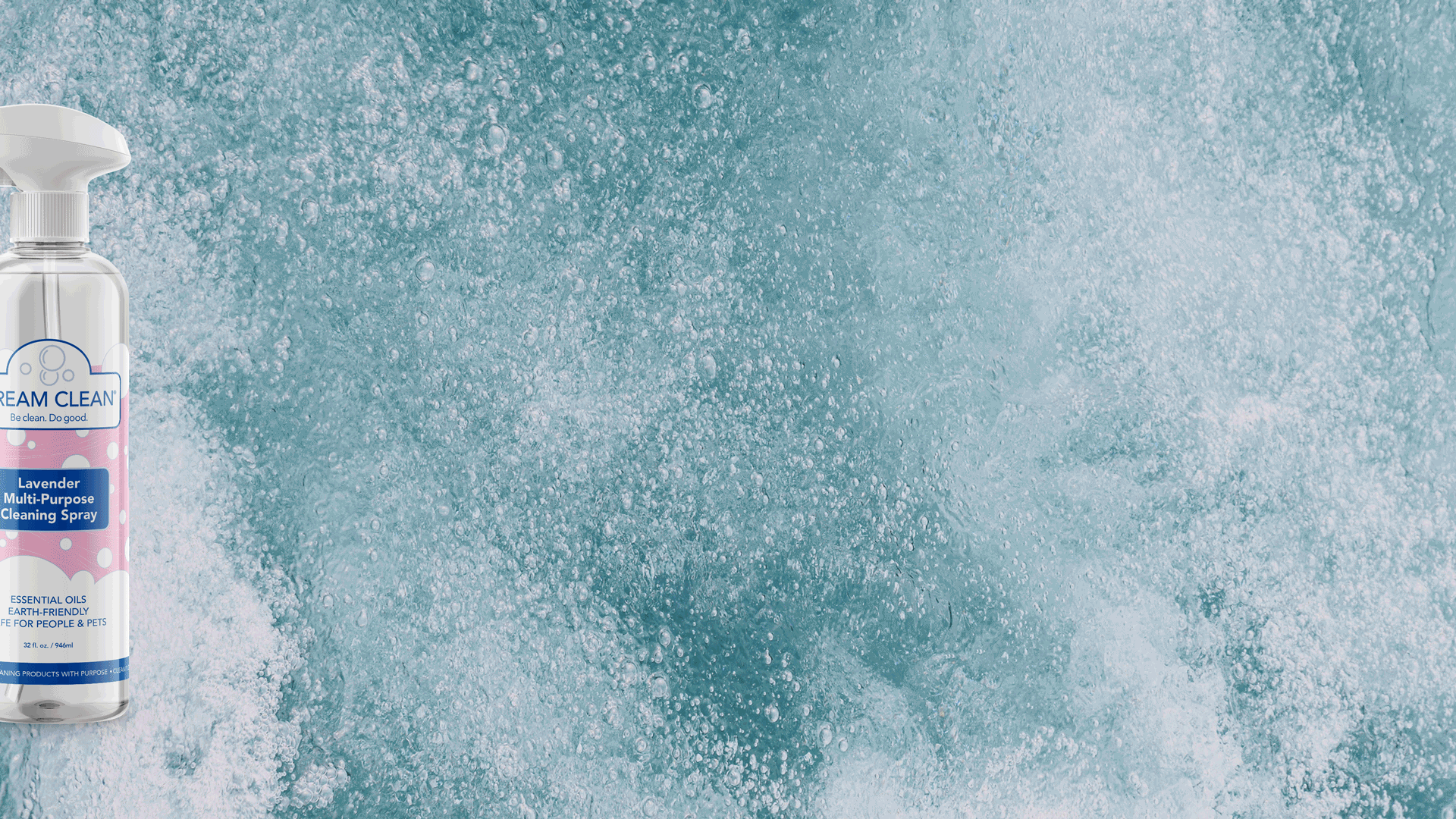 A bottle of lavender multi-purpose cleaning spray is on the left side of the image, with a bubbly and foamy water background.