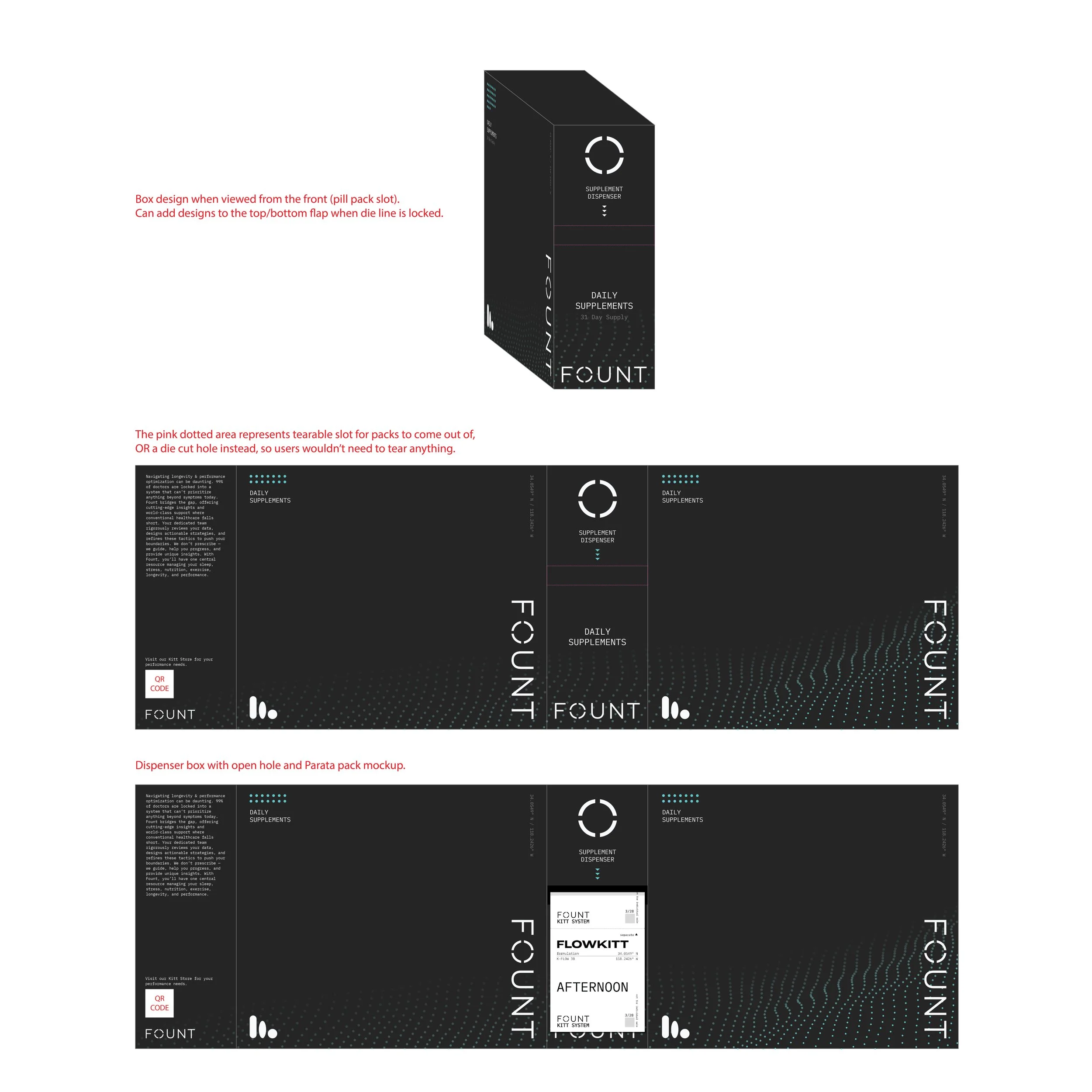 Design of a supplement dispenser box with a black color scheme, featuring a circular dispensing mechanism at the top. The box's front shows a pill slot and designated areas for labels or artwork, with annotations explaining the design features. The box unfolds into a flat layout revealing the sides and back, including a section for a QR code and space for a Parata pack mockup, which displays a label with product information and branding.