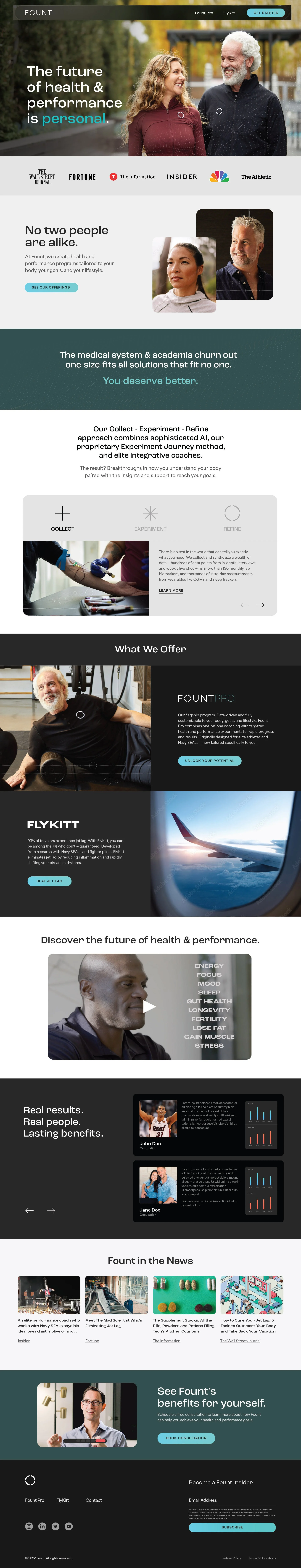 Website homepage for a health and performance company featuring images of diverse people, sections about services offered, media coverage, and news articles, with a user-friendly layout and call-to-action buttons.