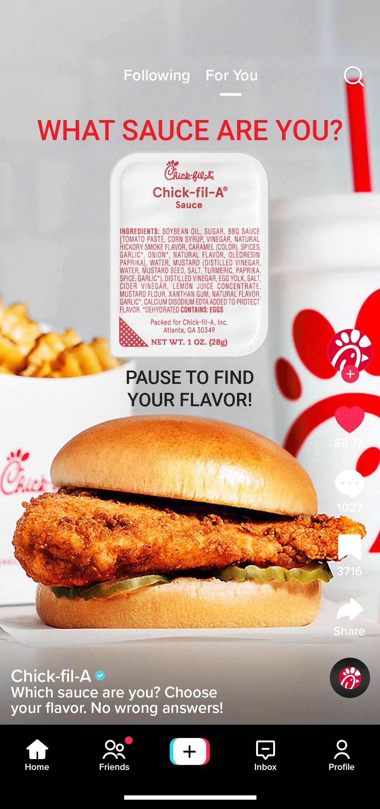 A Chick-fil-A chicken sandwich with pickles on a bun, with a Chick-fil-A sauce packet in the background and TikTok interface icons.