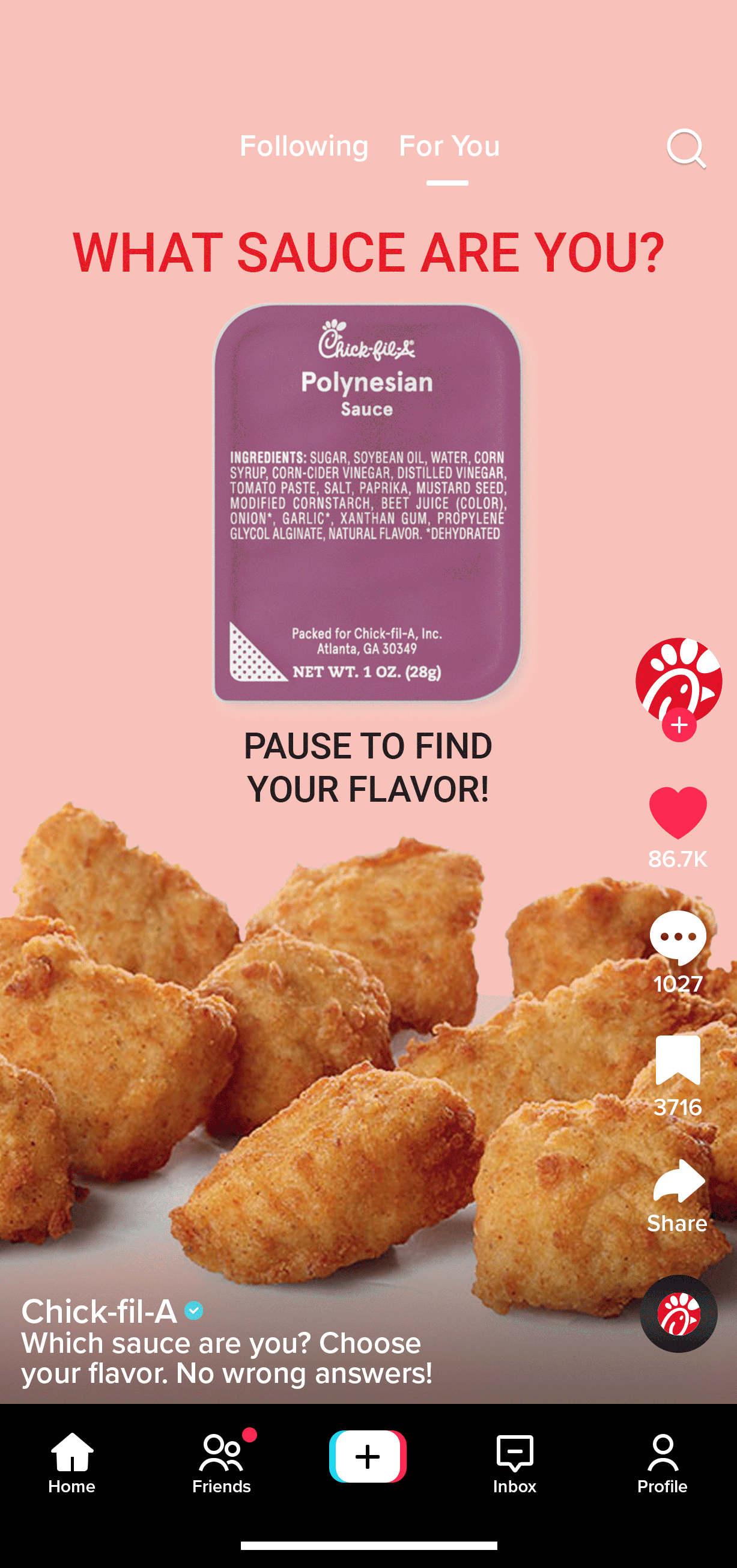 Screenshot of a TikTok video asking viewers to choose their sauce for chicken nuggets, with an image of chicken nuggets and a container of Polynesian sauce from Chick-fil-A.