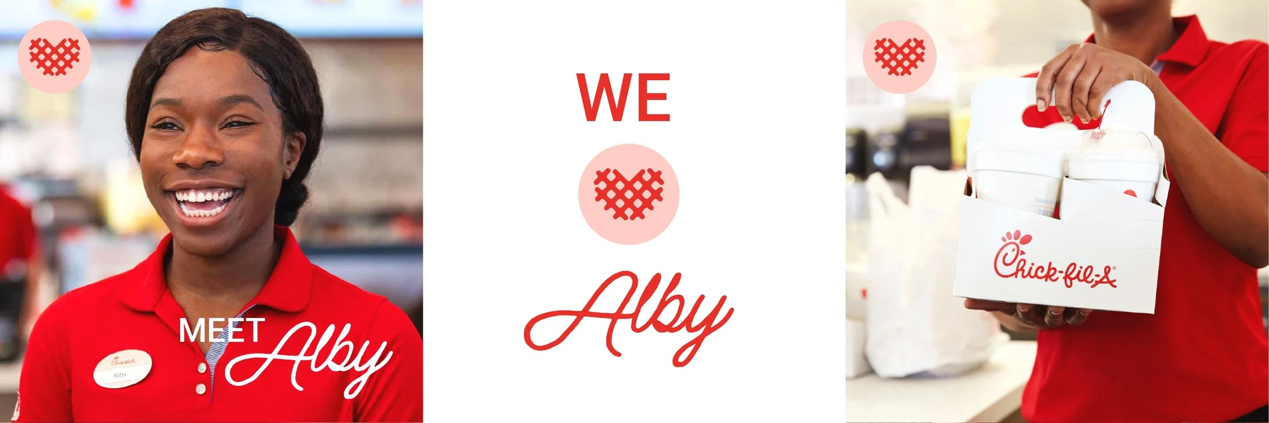 Chick-fil-A employee in a red uniform smiling, holding a boxed order of food. Text in the center says 'We Meet Ably' with heart icons.