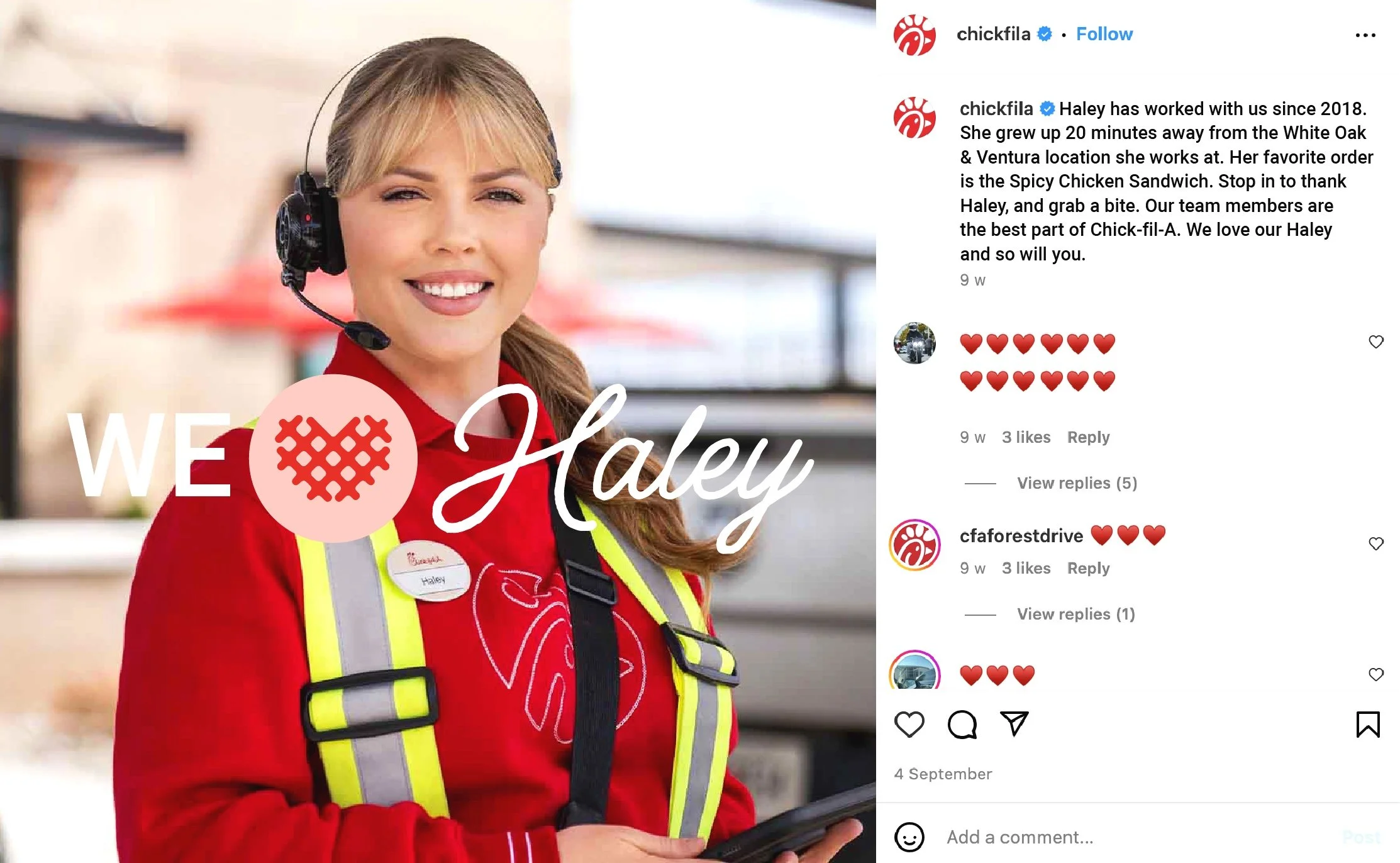A smiling woman in a red Chick-fil-A uniform and a headset, wearing a name tag that says Haley, standing outdoors with a blurred background. The overlay text on the image says "We ❤️ Haley."