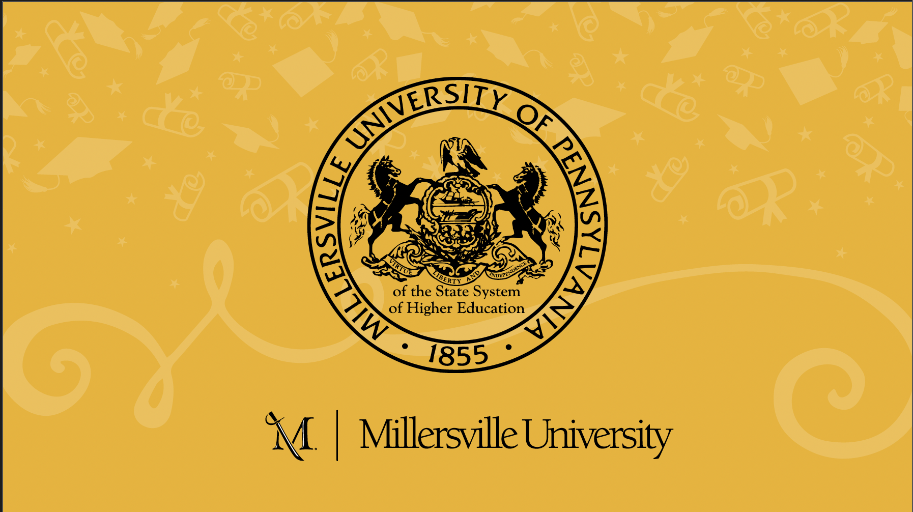 Yellow background with gray graduation cap, diploma, star, and scroll patterns. Central circular emblem of Millersville University of Pennsylvania featuring two black horses, a shield, and the university's name and founding year 1855.