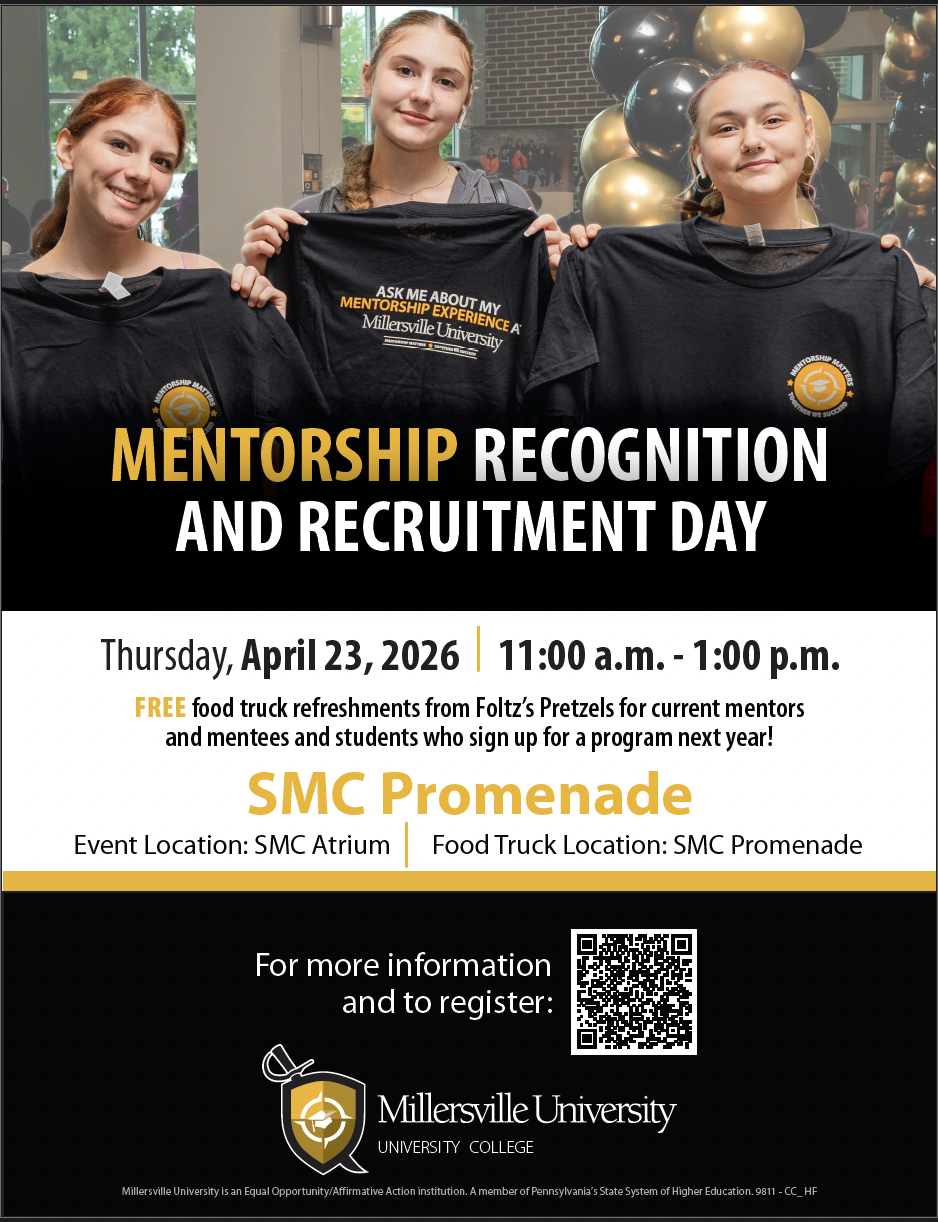 Three young women holding black shirts with event information for mentorship recognition and recruitment day at Millersville University, with balloons in the background.