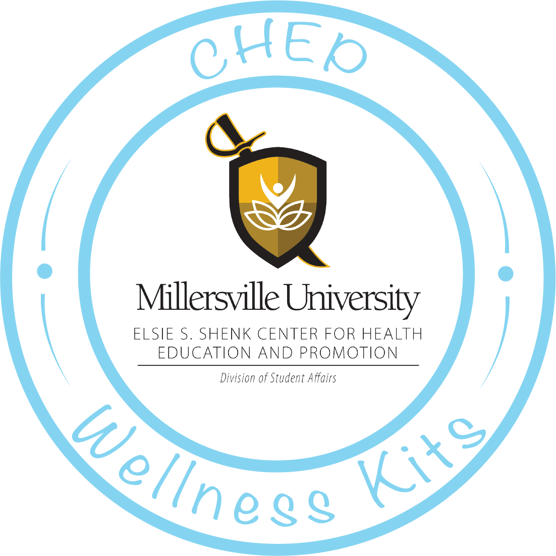 A logo with concentric circles in blue, with the words "CHECK IN" at the top and "wellness kit" at the bottom. The center features an emblem with a shield, a stylized person, and a leaf, with the text "Millersville University" below it. Additional text reads "Elsie S. Shenk Center for Health Education and Promotion" and "Division of Student Affairs."