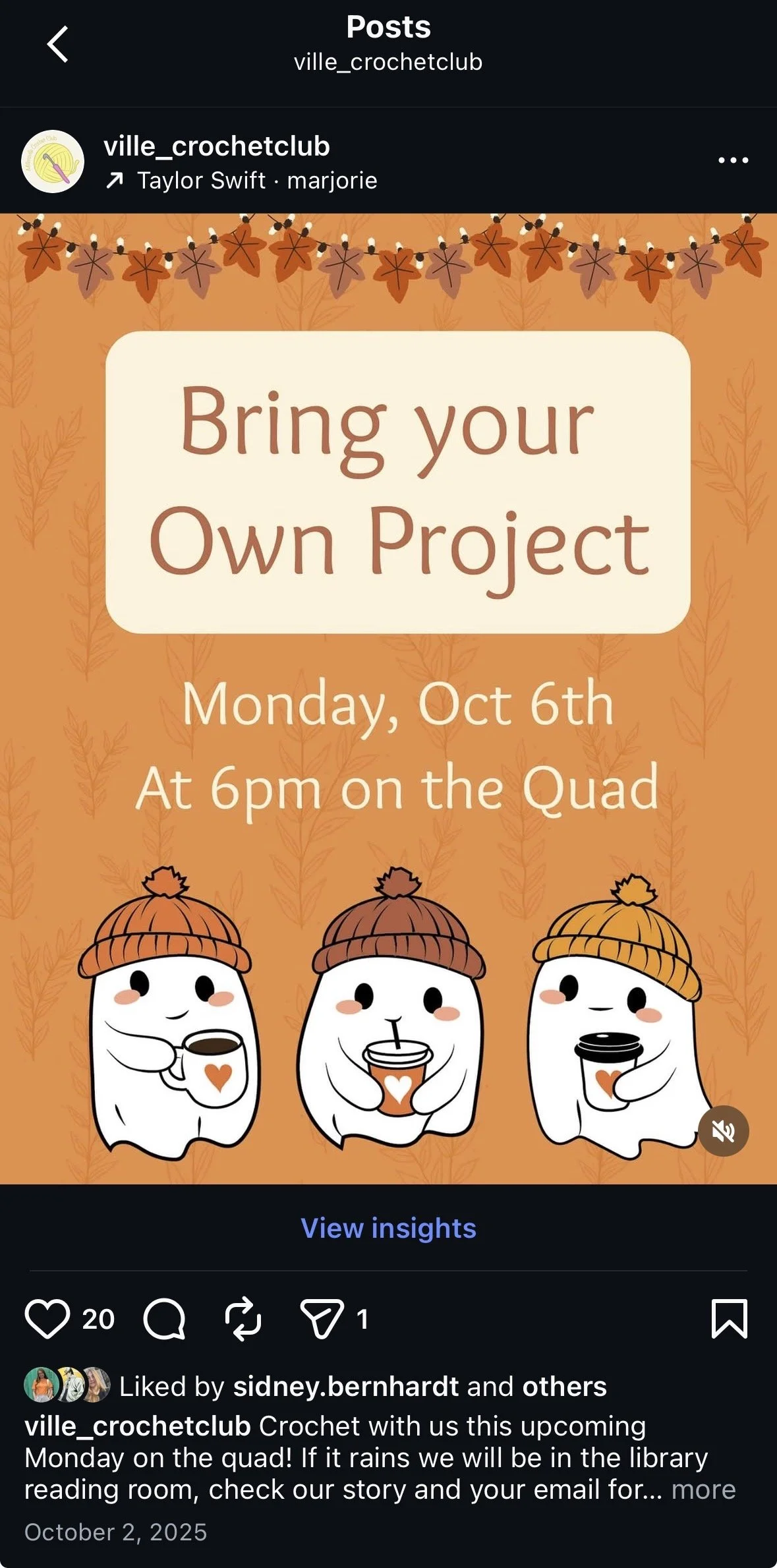 A social media post inviting people to bring their own craft project to a crochet with us event on Monday, October 6th at 6 pm on the quad. The post features three cute cartoon characters sitting with hot drinks, wearing cozy hats, on an orange background with leaf patterns.
