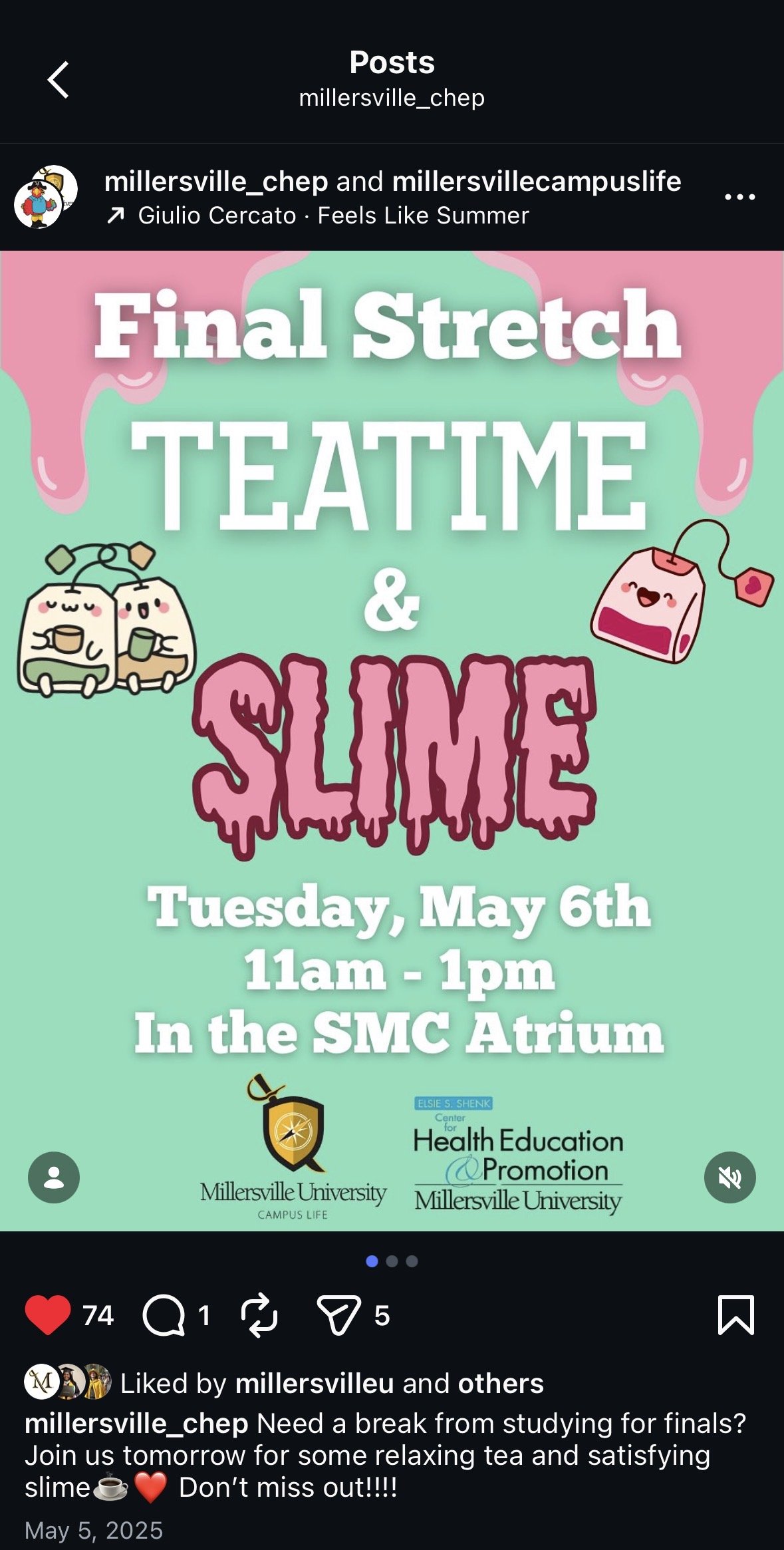 A promotional poster with a teal and pink background advertising a tea time and slime event on May 6th from 11am to 1pm in the SMC Atrium, hosted by Millersville University and its Center for Health Education & Promotion, featuring cartoon tea bags, a tea kettle, and slime graphics.