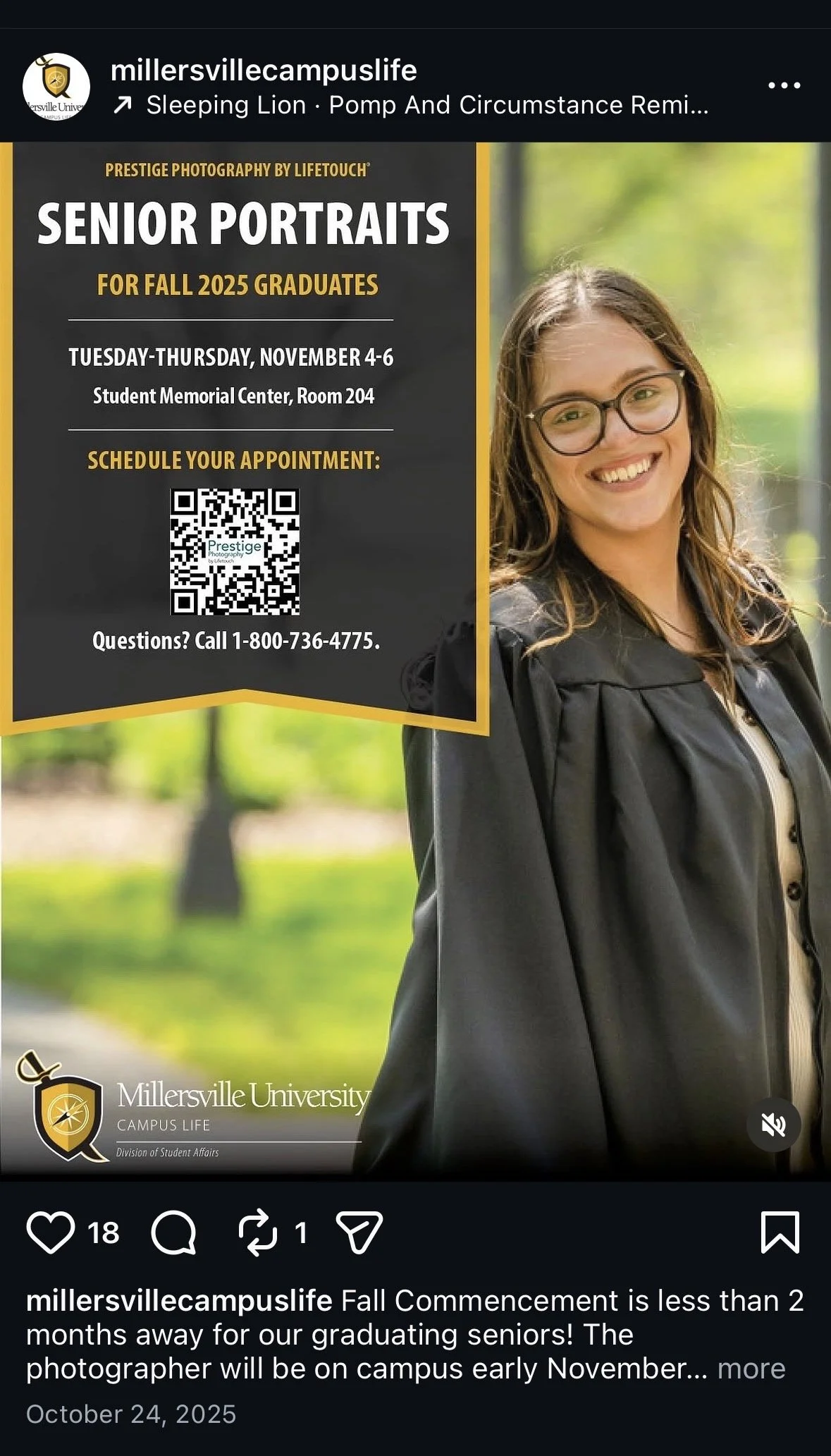 Senior portrait graduation announcement featuring a smiling young woman in a cap and gown, with details about photography appointment dates for fall 2025 graduates at Millersville University.