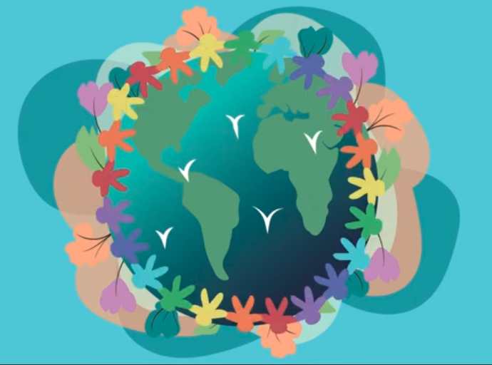 Illustration of the Earth surrounded by colorful flowers and birds, symbolizing environmental harmony.