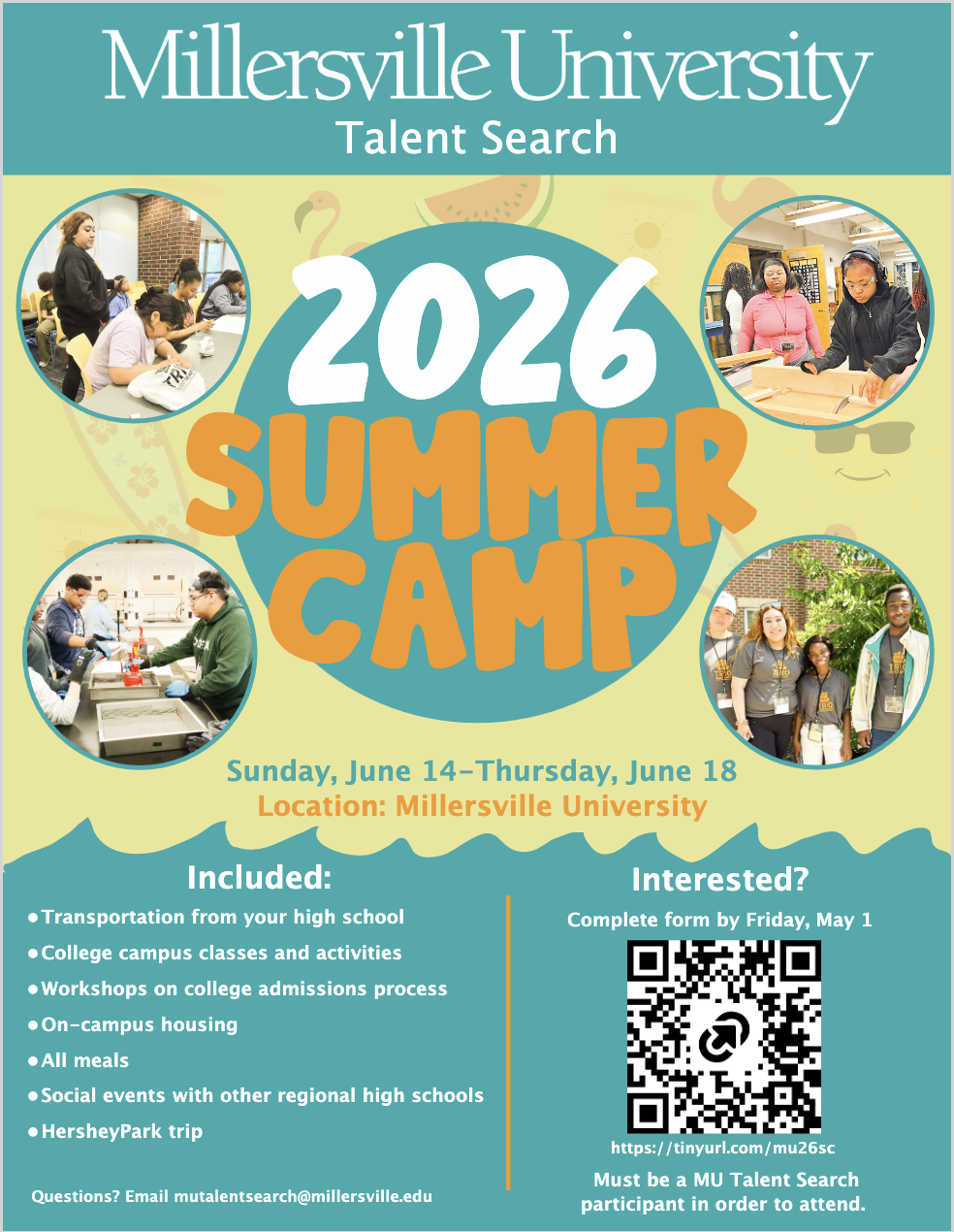 Flyer for Millerville University 2026 Summer Camp, scheduled from June 14 to June 18, featuring photos of students participating in activities like studying, working in labs, and outdoor group photos, with details about transportation, campus activities, and contact information.