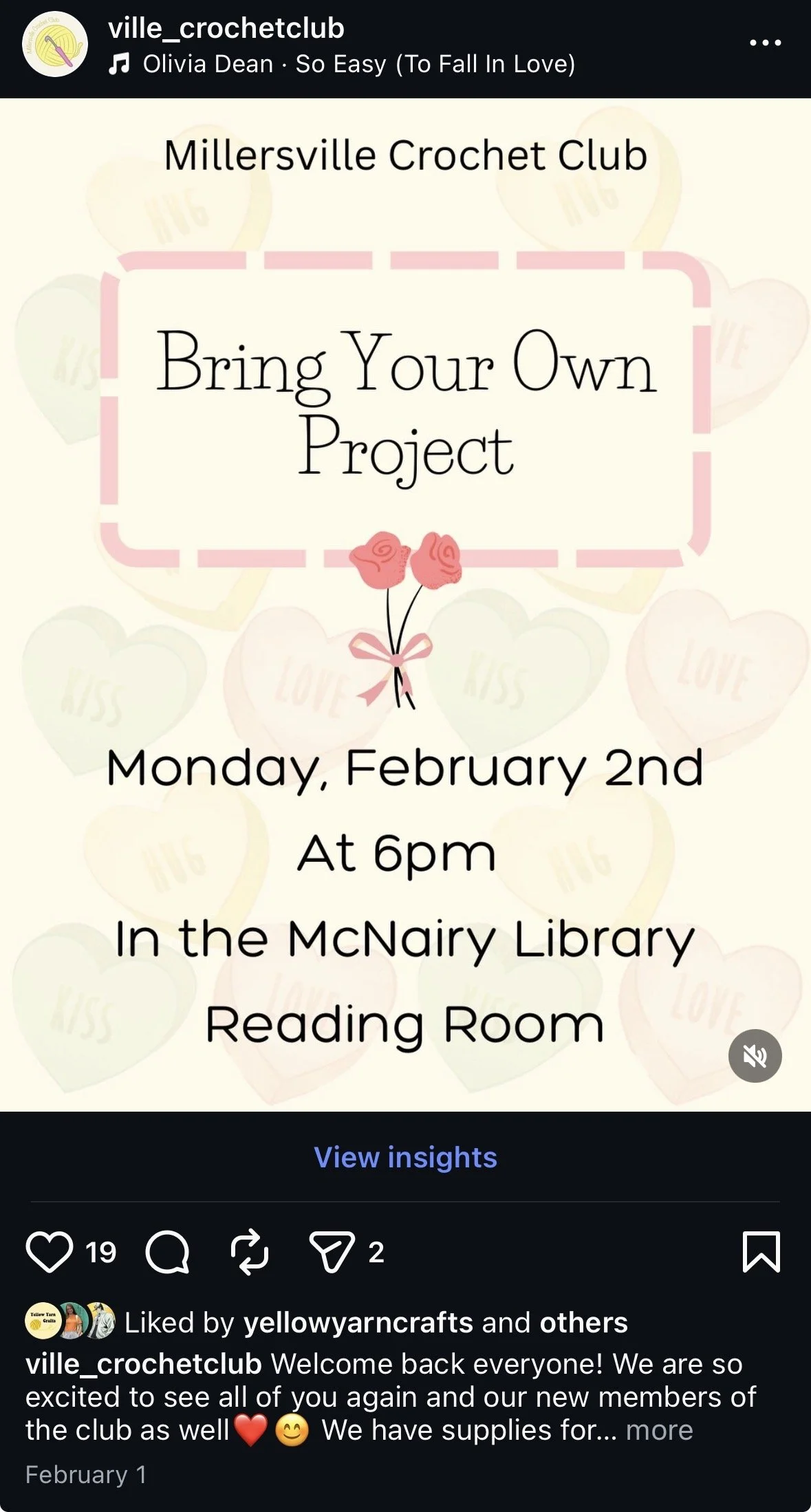 Announcement poster for Millersville Crochet Club invite. The event is titled "Bring Your Own Project," scheduled for Monday, February 2nd at 6 pm, at the McNairy Library Reading Room. The poster features a background with pastel hearts and the words "LOVE," "MISS," and "LOVE" inside them, with a graphic of two pink roses tied with a pink ribbon.