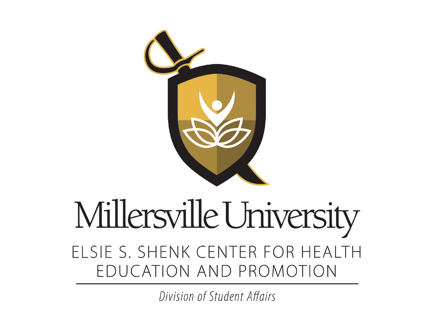 Logo of Millersville University featuring a shield with a stylized figure, leaves, and a sword, alongside text for the Elsie S. Shenk Center for Health Education and Promotion, Division of Student Affairs.