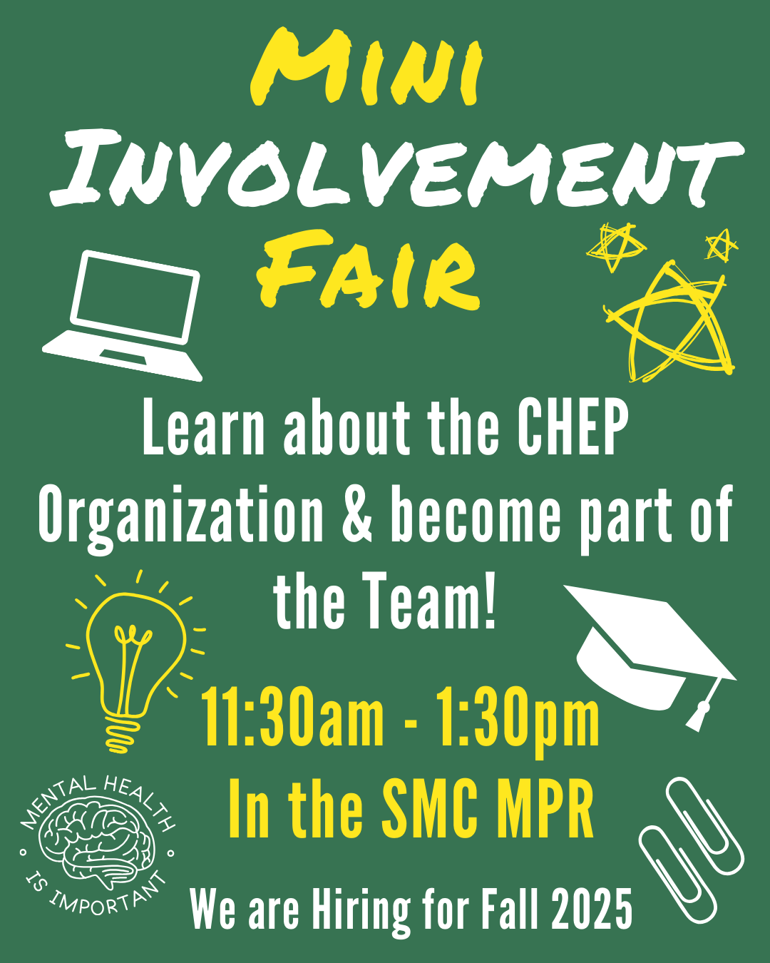 Flyer for Mini Involvement Fair with details about time, location, and hiring information.