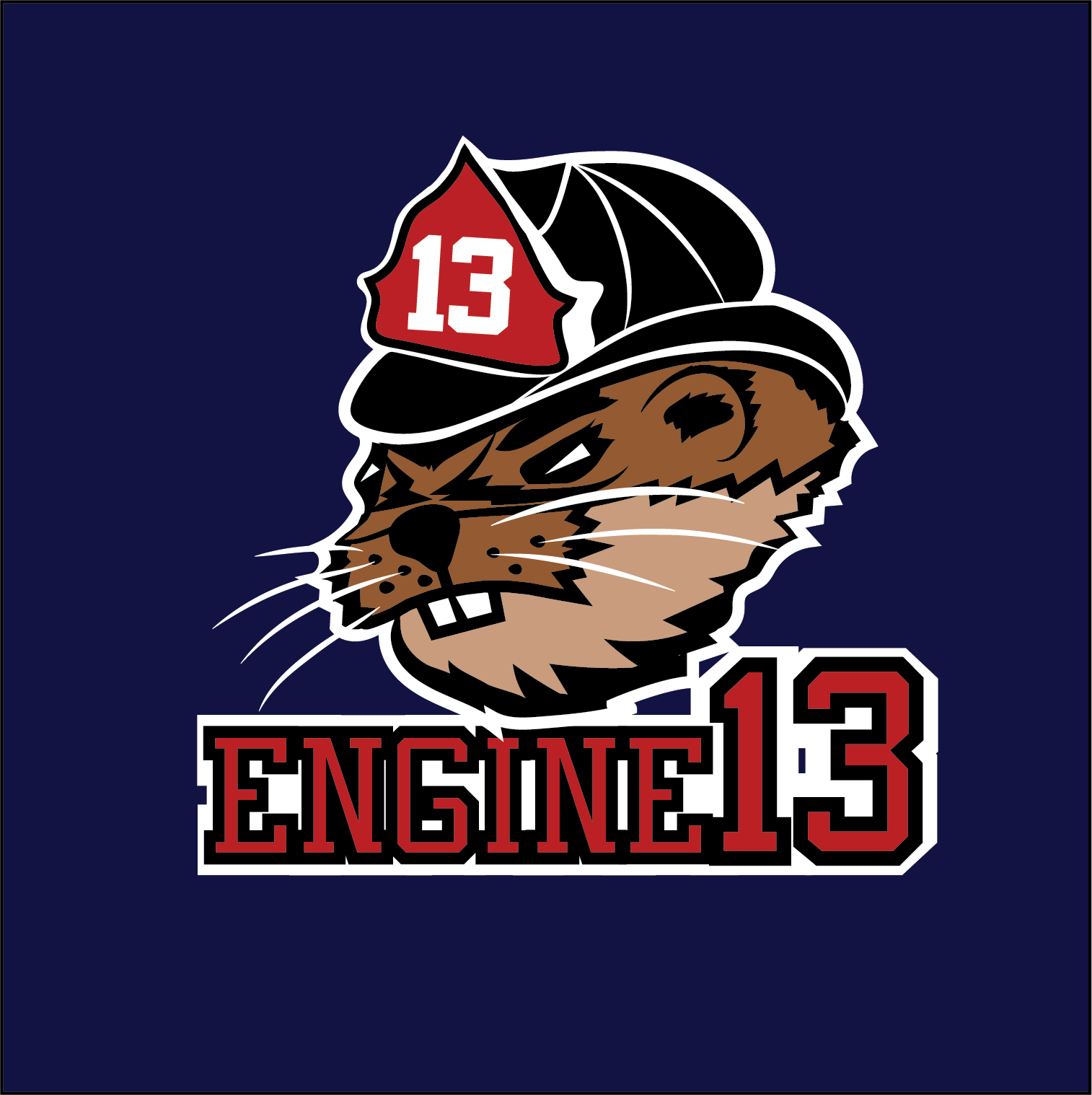 Illustration of a wildcat wearing a firefighter helmet with the number 13, and the word 'ENGINE' with the number 13 below it, all set against a dark blue background.