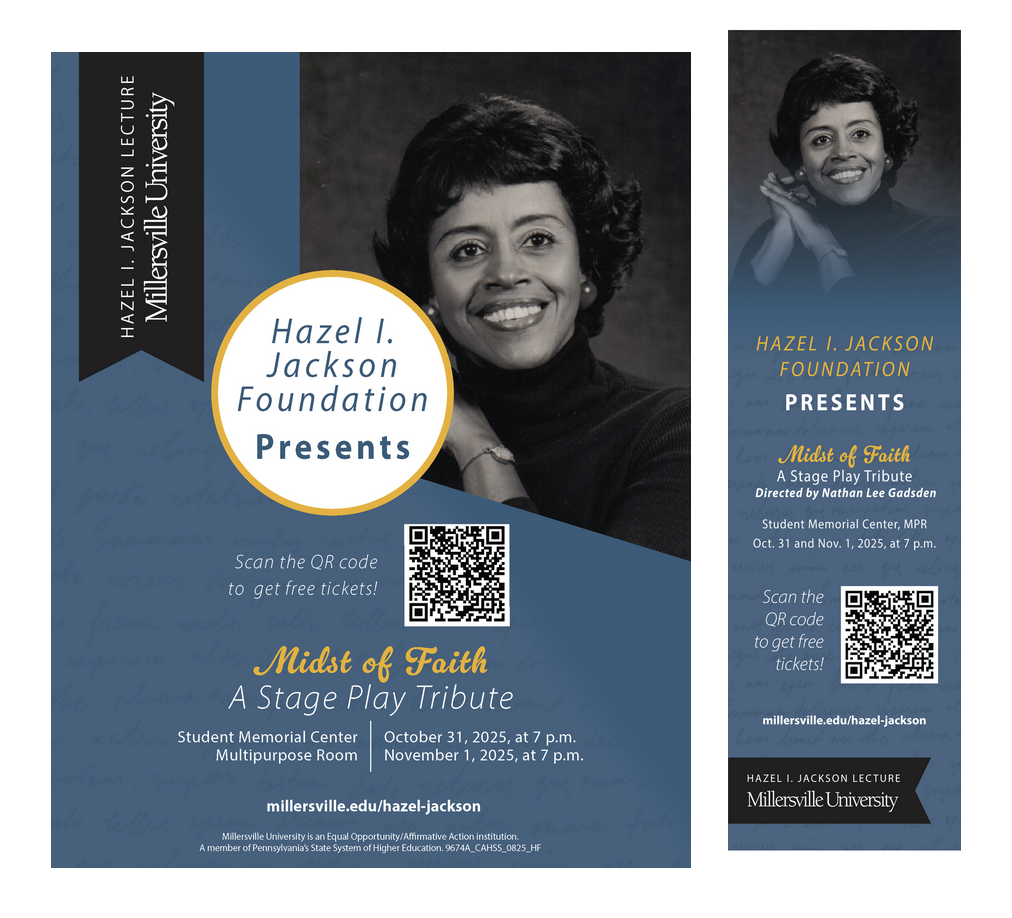 Flyer for Hazel I. Jackson Foundation presenting "Midst of Faith," a stage play tribute, at Student Memorial Center, Multipurpose Room on October 31, 2025, at 7 p.m., and November 1, 2025, at 7 p.m., directed by Nathan Lee Gadsden. The flyer features a black-and-white photo of Hazel I. Jackson, with a QR code for free tickets and website information.