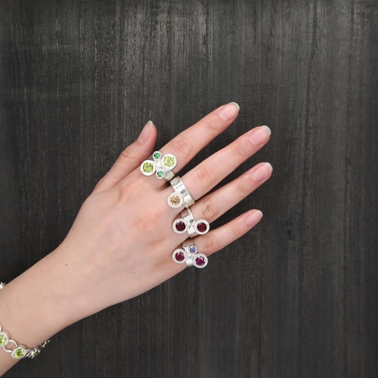 The ORNAMENTUM Collection rings in Sterling Silver featuring Peridot and Tsavorite, Garnet, Iolite and Rhodolite Garnet, and Zircon!