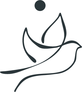 Linienzeichnung einer Taube mit einer Olive in der Schnabel, dahinter ein Kreis, wahrscheinlich eine Sonne oder Mondsichel.