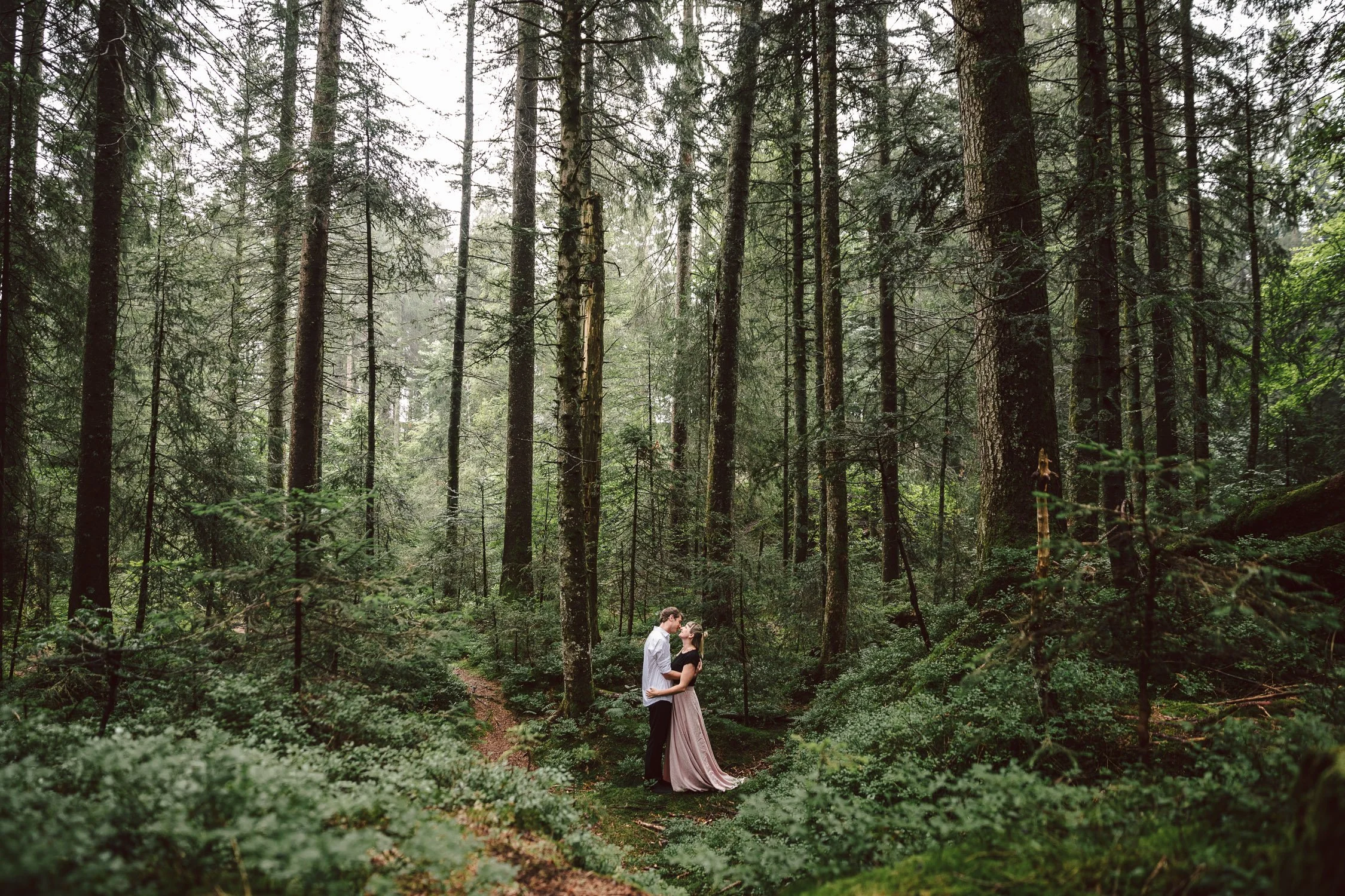 Ein Paar steht in einem dichten Wald, umgeben von hohen Tannen und sattgrünen Sträuchern.